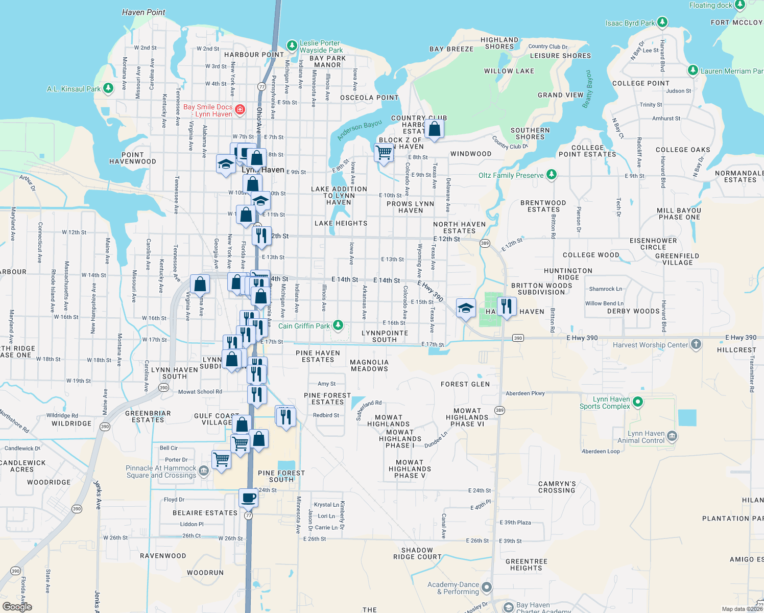 map of restaurants, bars, coffee shops, grocery stores, and more near 1503 Louisiana Avenue in Lynn Haven