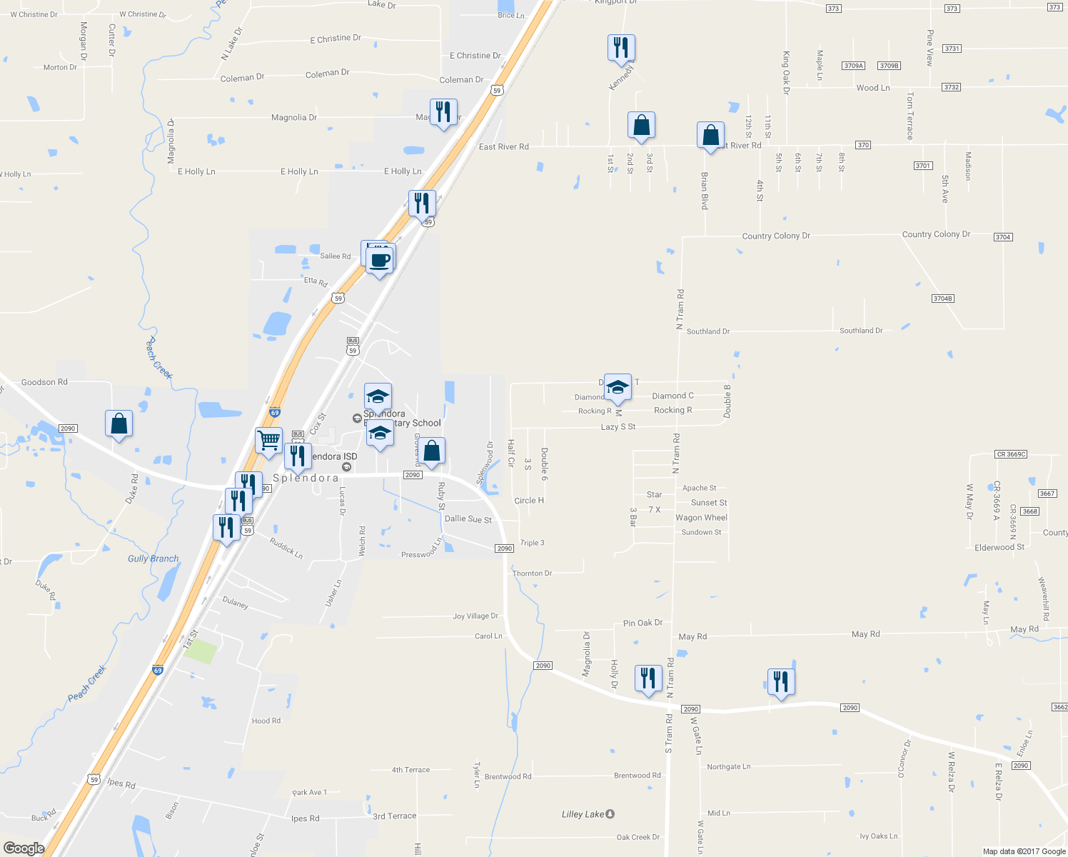 map of restaurants, bars, coffee shops, grocery stores, and more near 26824 Lazy South Street in Splendora