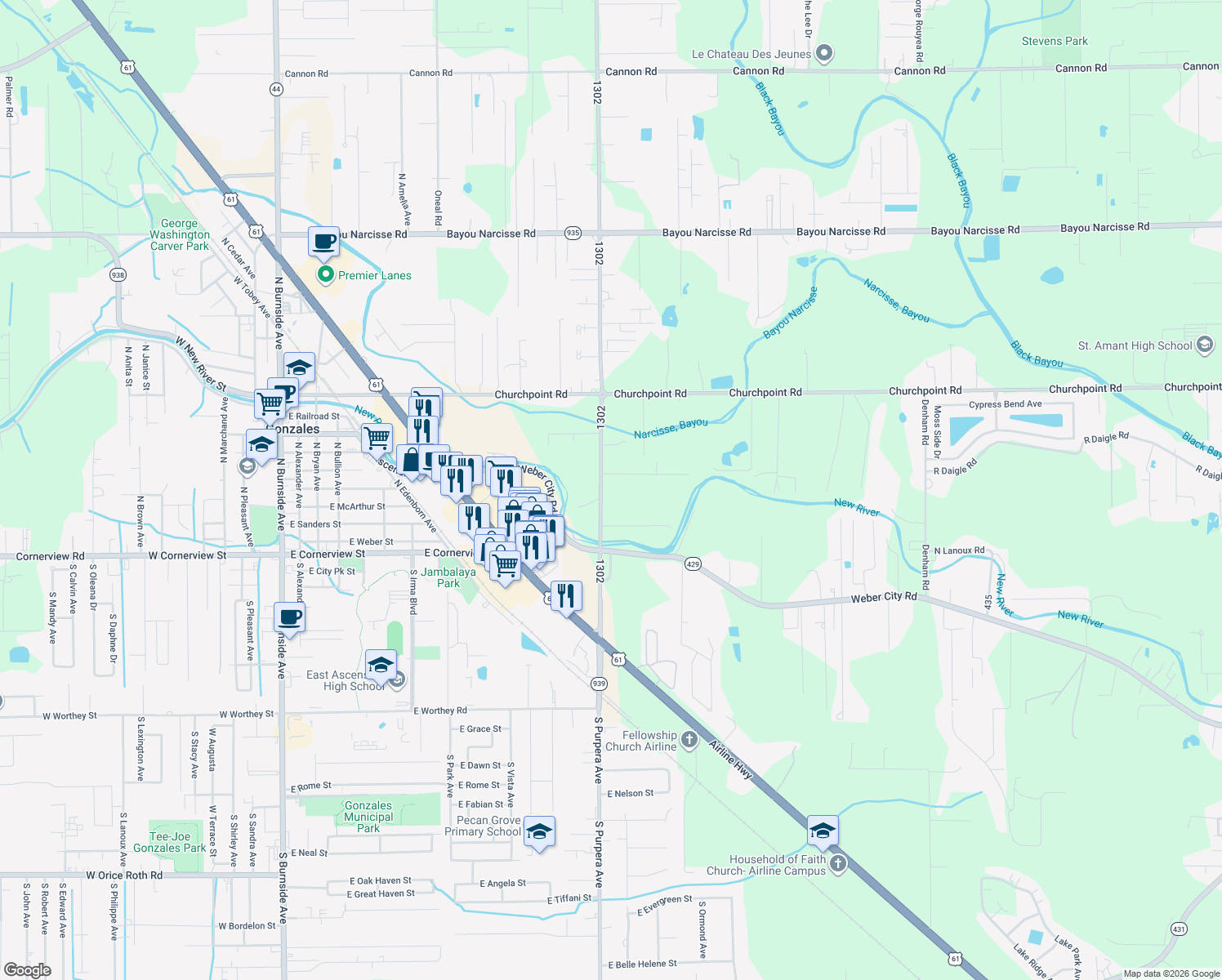 map of restaurants, bars, coffee shops, grocery stores, and more near 11370 Roddy Road in Gonzales