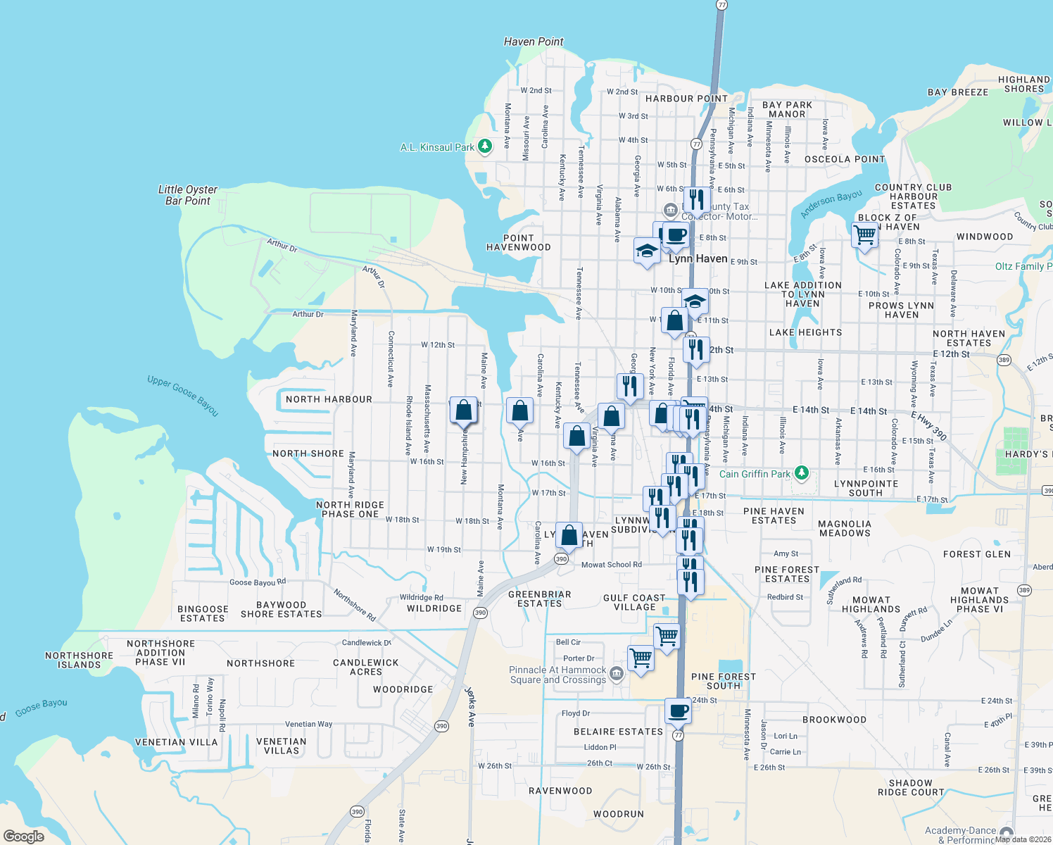 map of restaurants, bars, coffee shops, grocery stores, and more near 1413 Missouri Avenue in Lynn Haven
