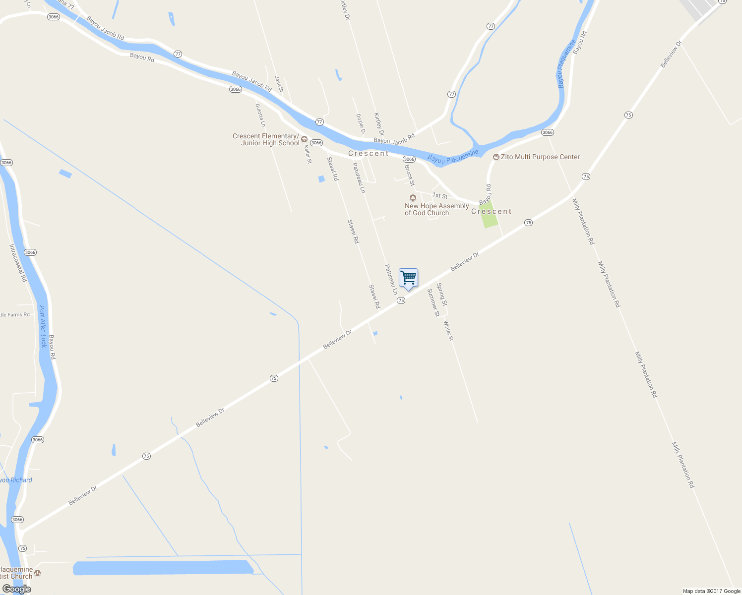 map of restaurants, bars, coffee shops, grocery stores, and more near 25410 Stassi Road in Plaquemine