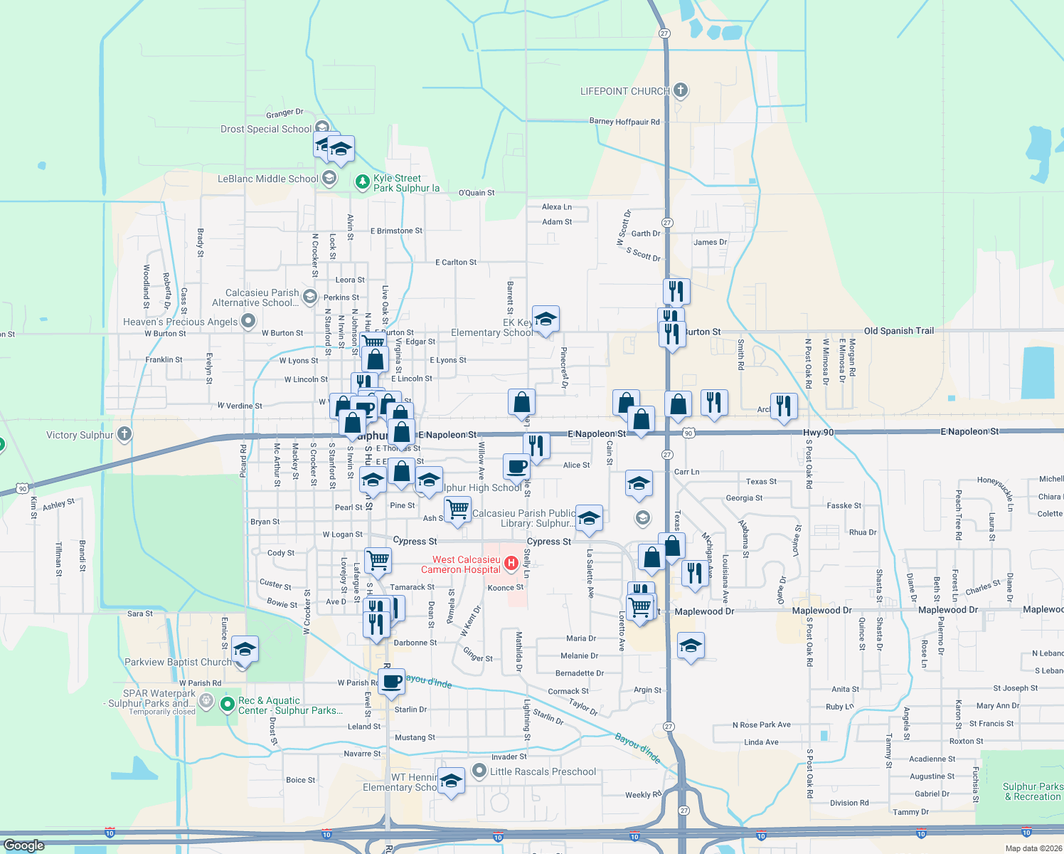map of restaurants, bars, coffee shops, grocery stores, and more near 902 East Napoleon Street in Sulphur