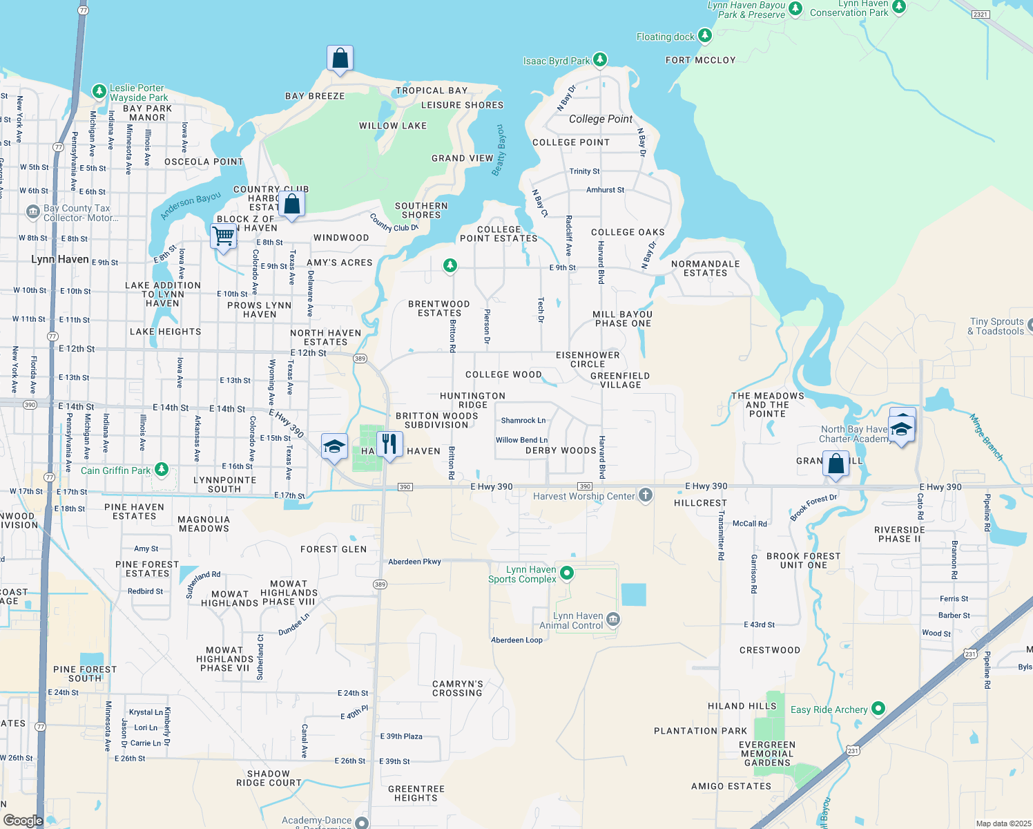 map of restaurants, bars, coffee shops, grocery stores, and more near 2041 Shamrock Lane in Lynn Haven