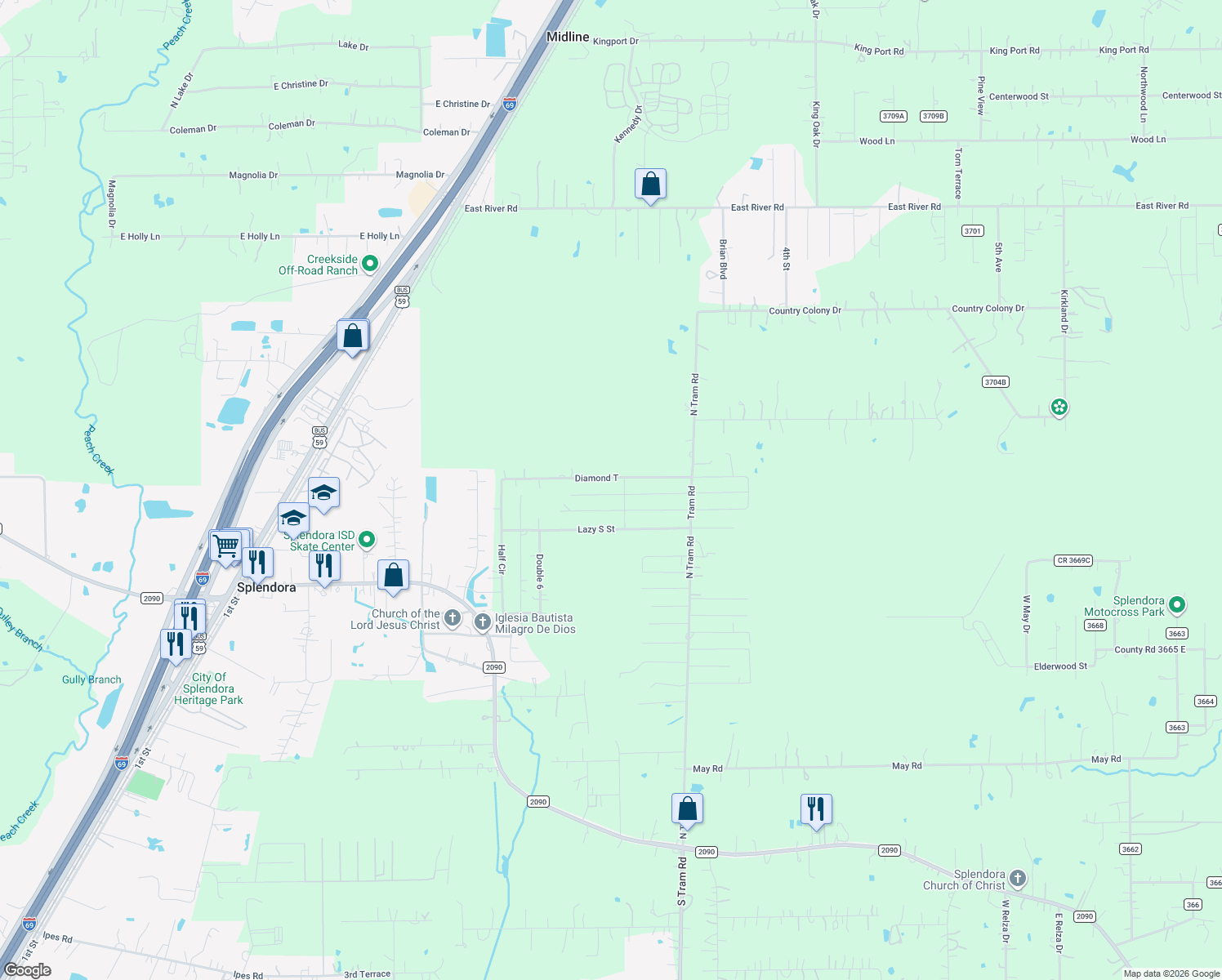map of restaurants, bars, coffee shops, grocery stores, and more near 27095 Diamond C in Splendora