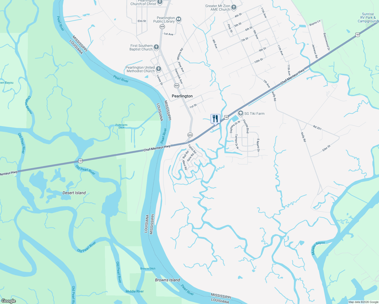 map of restaurants, bars, coffee shops, grocery stores, and more near 16017 Bali Road in Pearlington