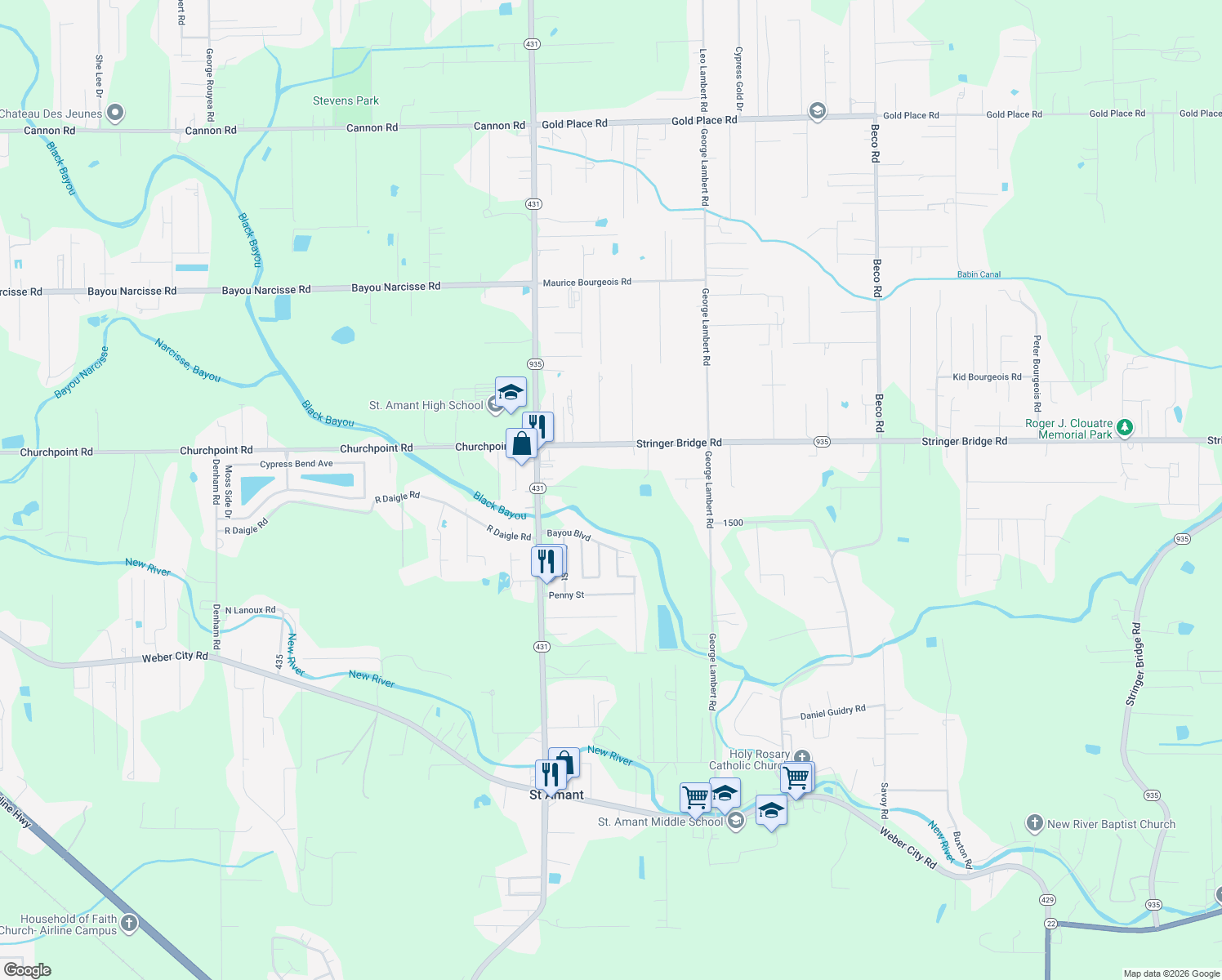 map of restaurants, bars, coffee shops, grocery stores, and more near 44119 Stringer Bridge Rd in Ascension