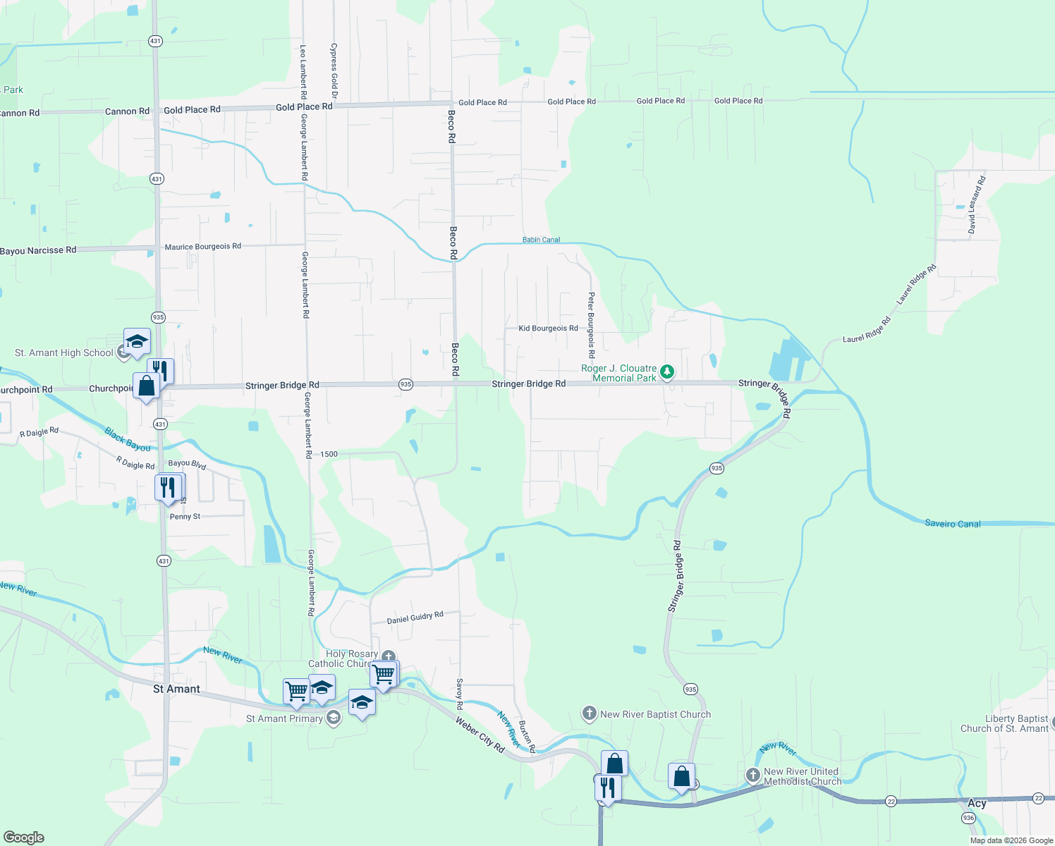 map of restaurants, bars, coffee shops, grocery stores, and more near 11465 1496 in Saint Amant