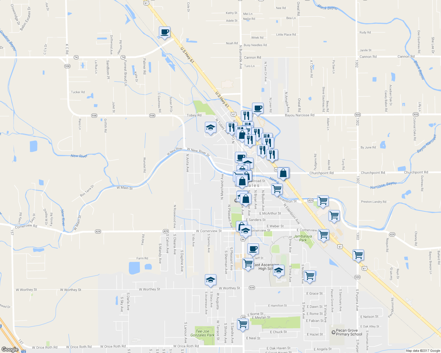 map of restaurants, bars, coffee shops, grocery stores, and more near 403 West Main Street in Gonzales