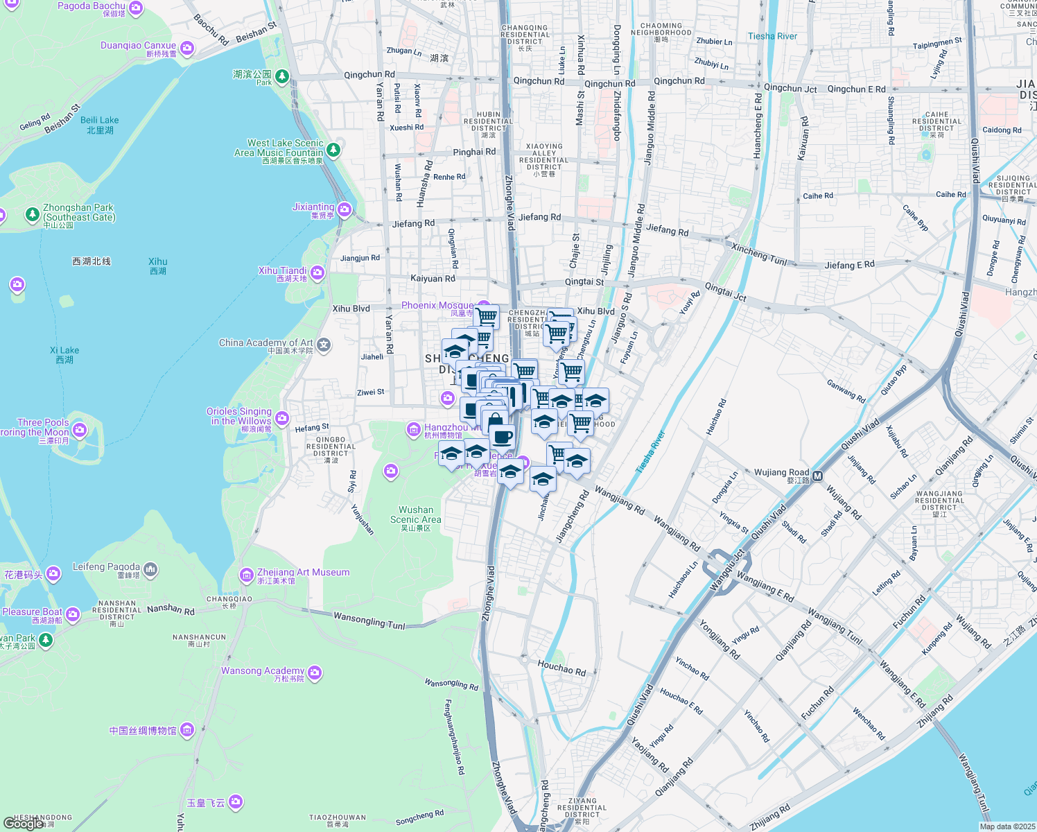 map of restaurants, bars, coffee shops, grocery stores, and more near He Fang Jie in Hang Zhou Shi