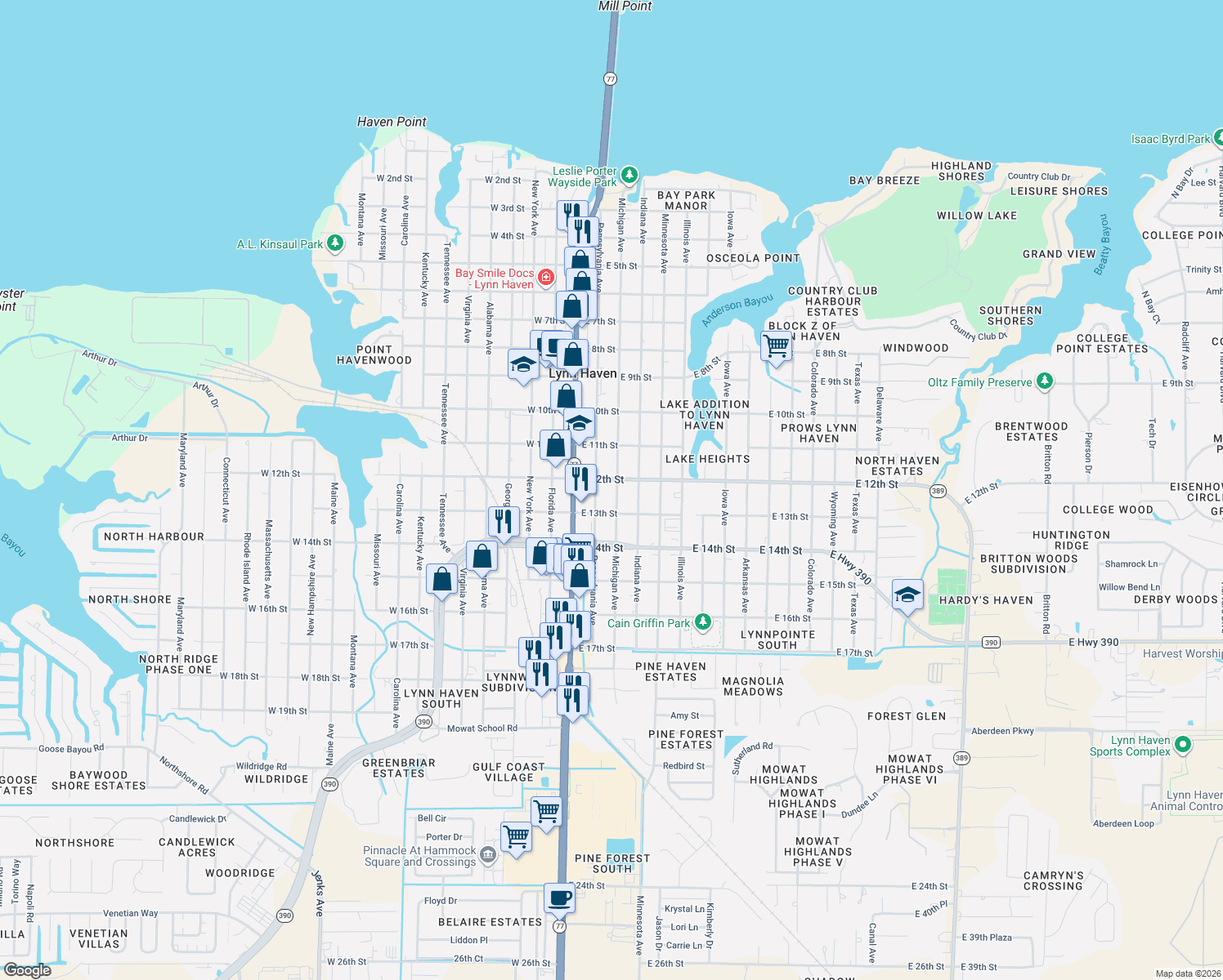 map of restaurants, bars, coffee shops, grocery stores, and more near 1206 Michigan Avenue in Lynn Haven