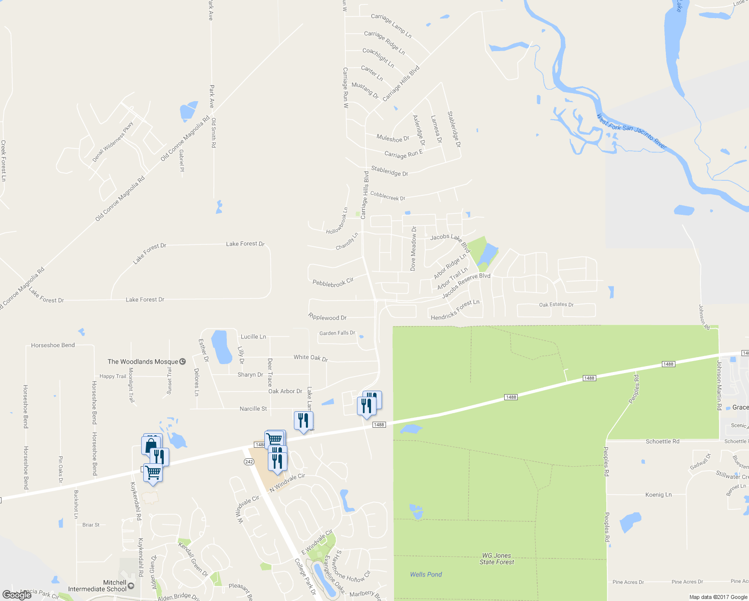 map of restaurants, bars, coffee shops, grocery stores, and more near 2436 Ripplewood Dr in Conroe