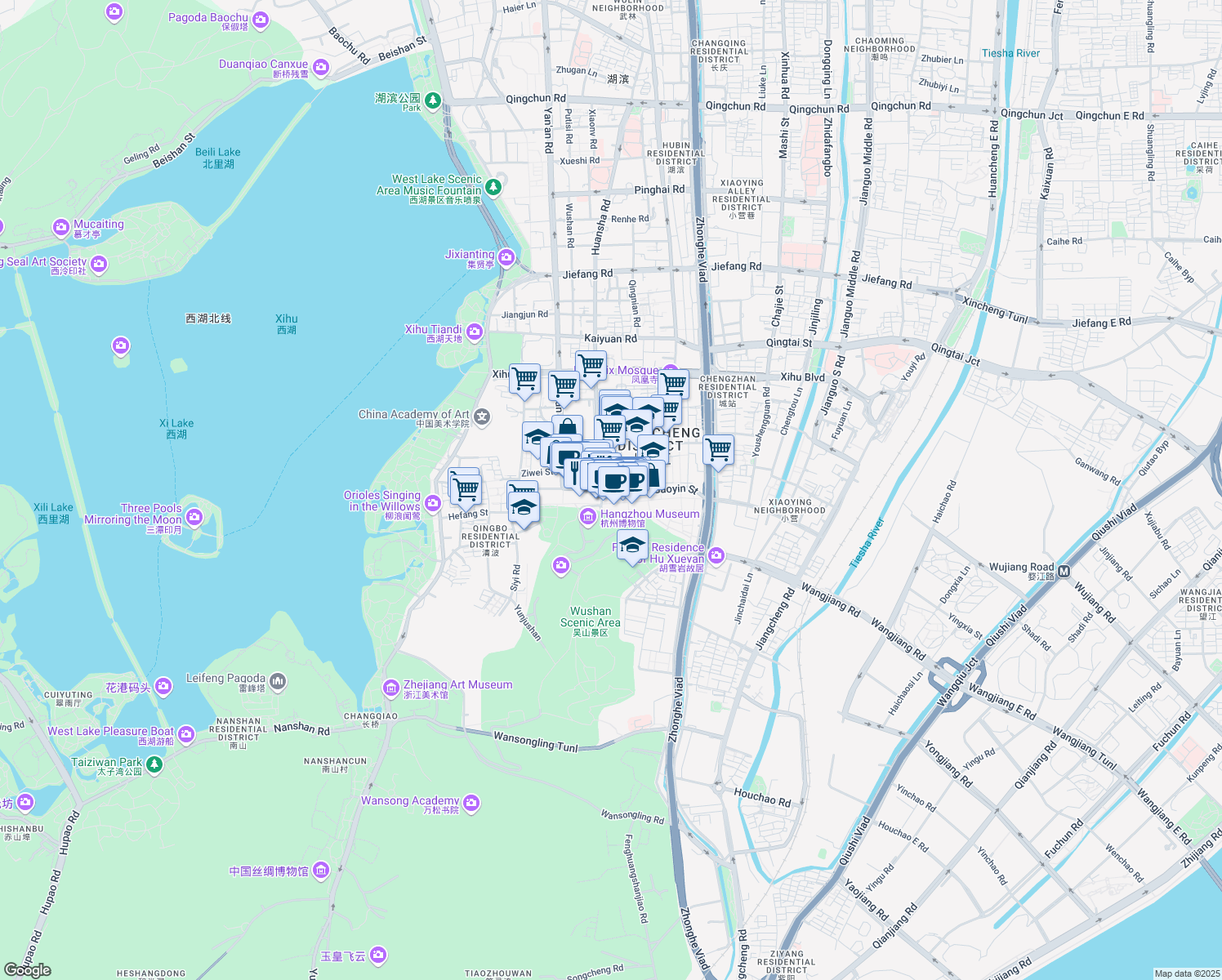 map of restaurants, bars, coffee shops, grocery stores, and more near Gao Yin Jie in Hang Zhou Shi
