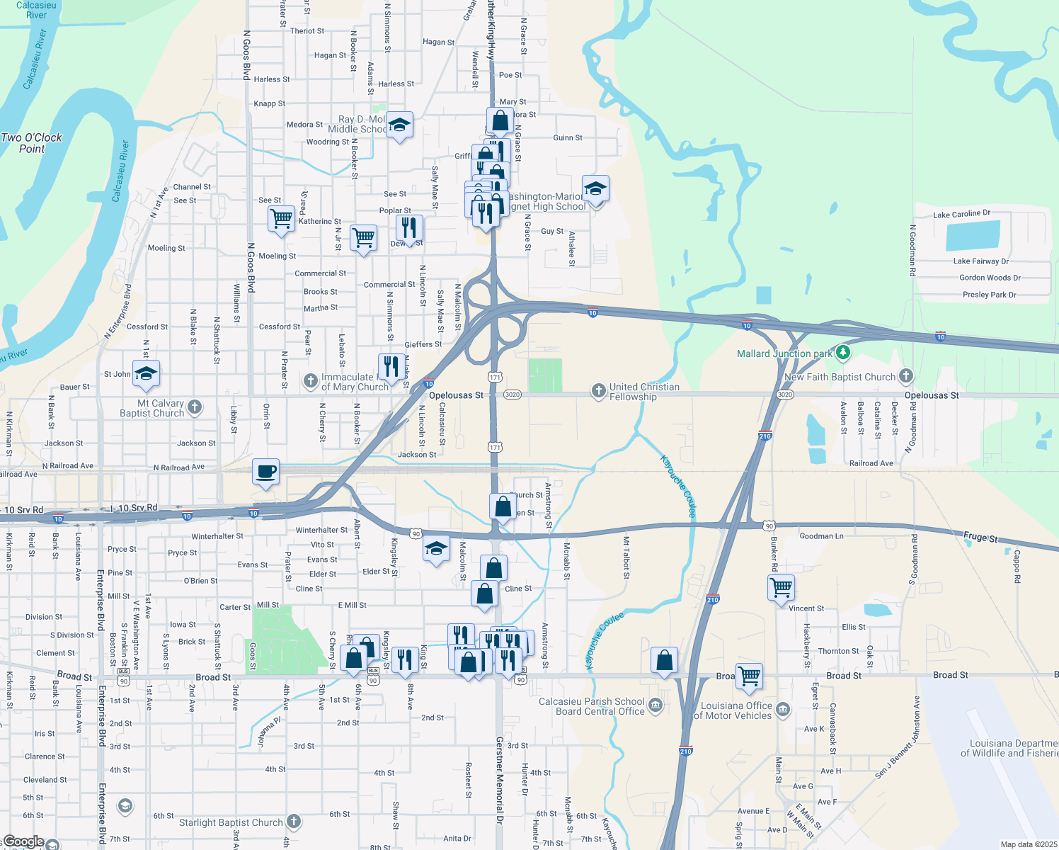 map of restaurants, bars, coffee shops, grocery stores, and more near 353 N Grace St in Lake Charles