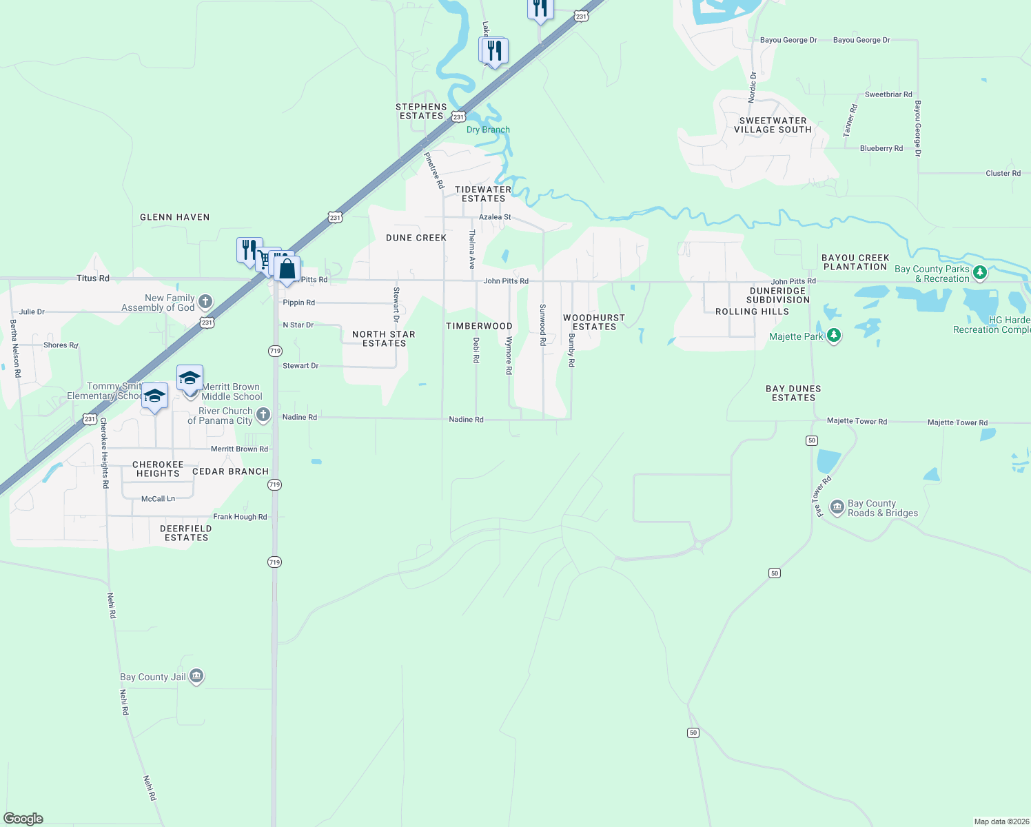 map of restaurants, bars, coffee shops, grocery stores, and more near 5103 Wymore Road in Panama City