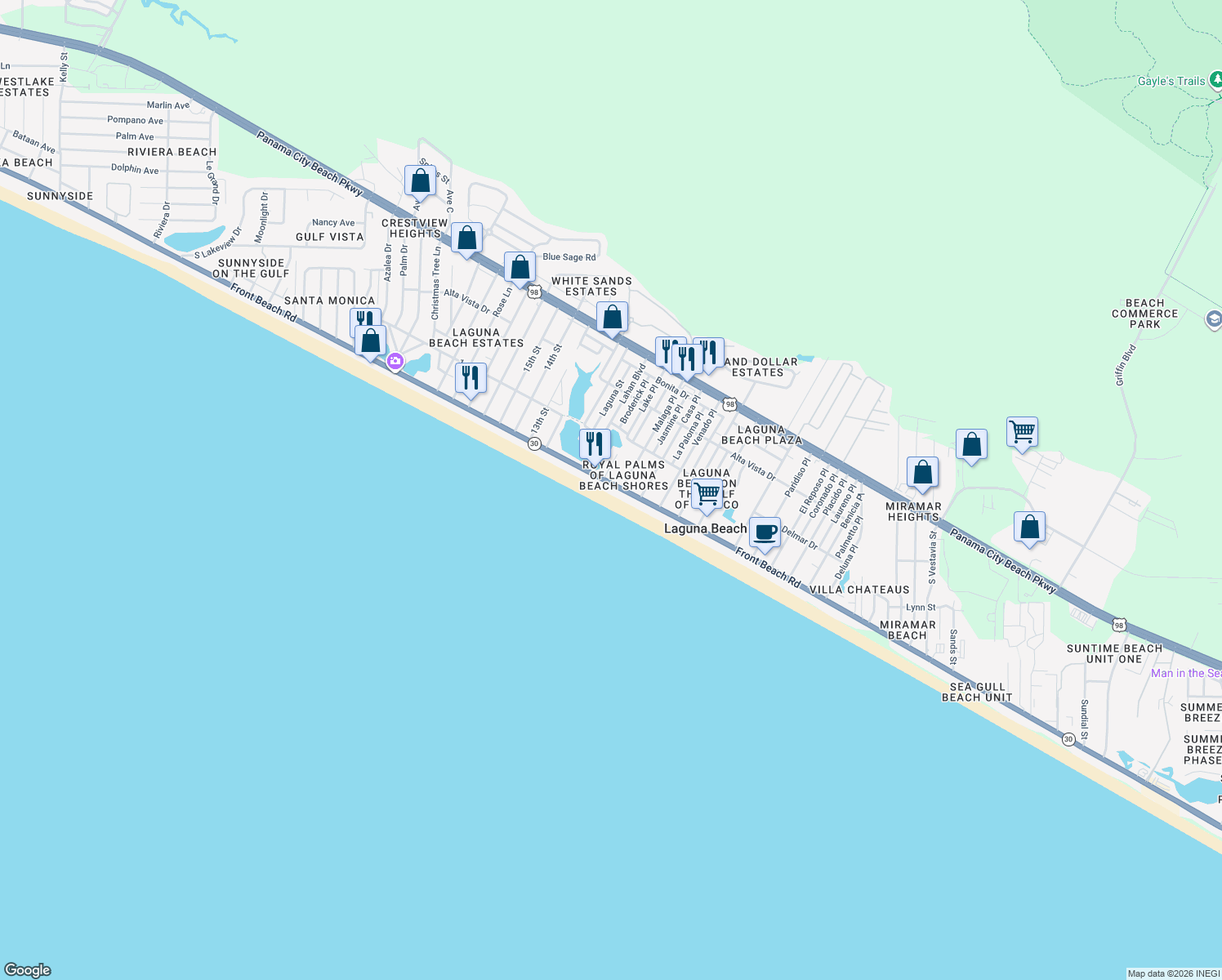 map of restaurants, bars, coffee shops, grocery stores, and more near 19907 Front Beach Road in Panama City Beach