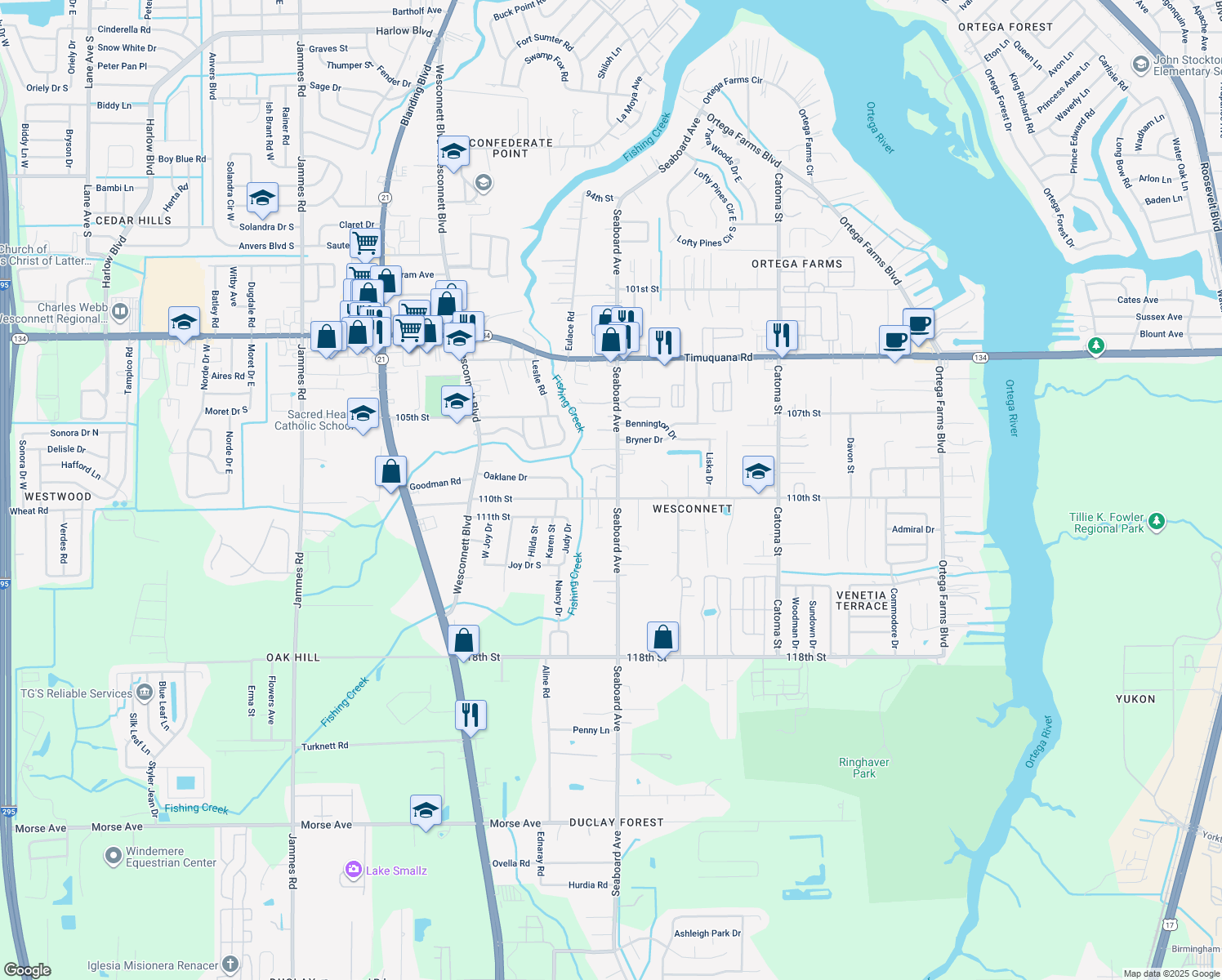 map of restaurants, bars, coffee shops, grocery stores, and more near 5936 Seaboard Avenue in Jacksonville