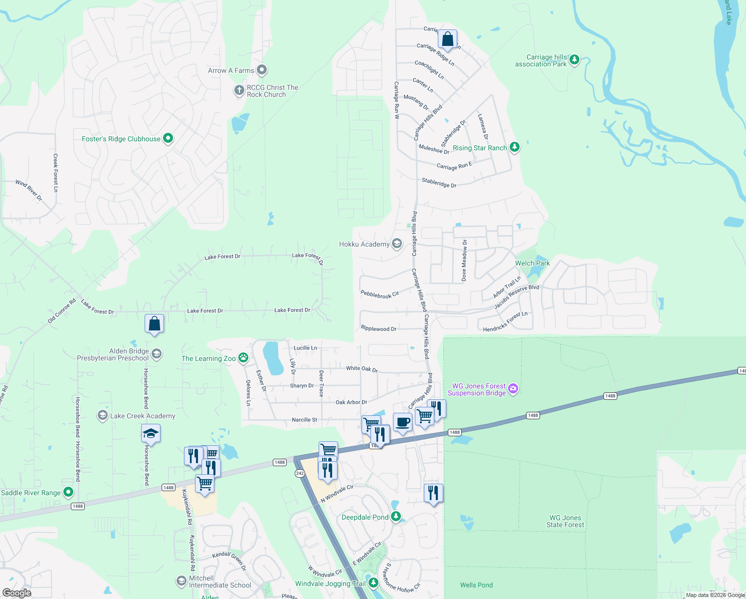 map of restaurants, bars, coffee shops, grocery stores, and more near 2422 Pebblebrook Circle in Conroe