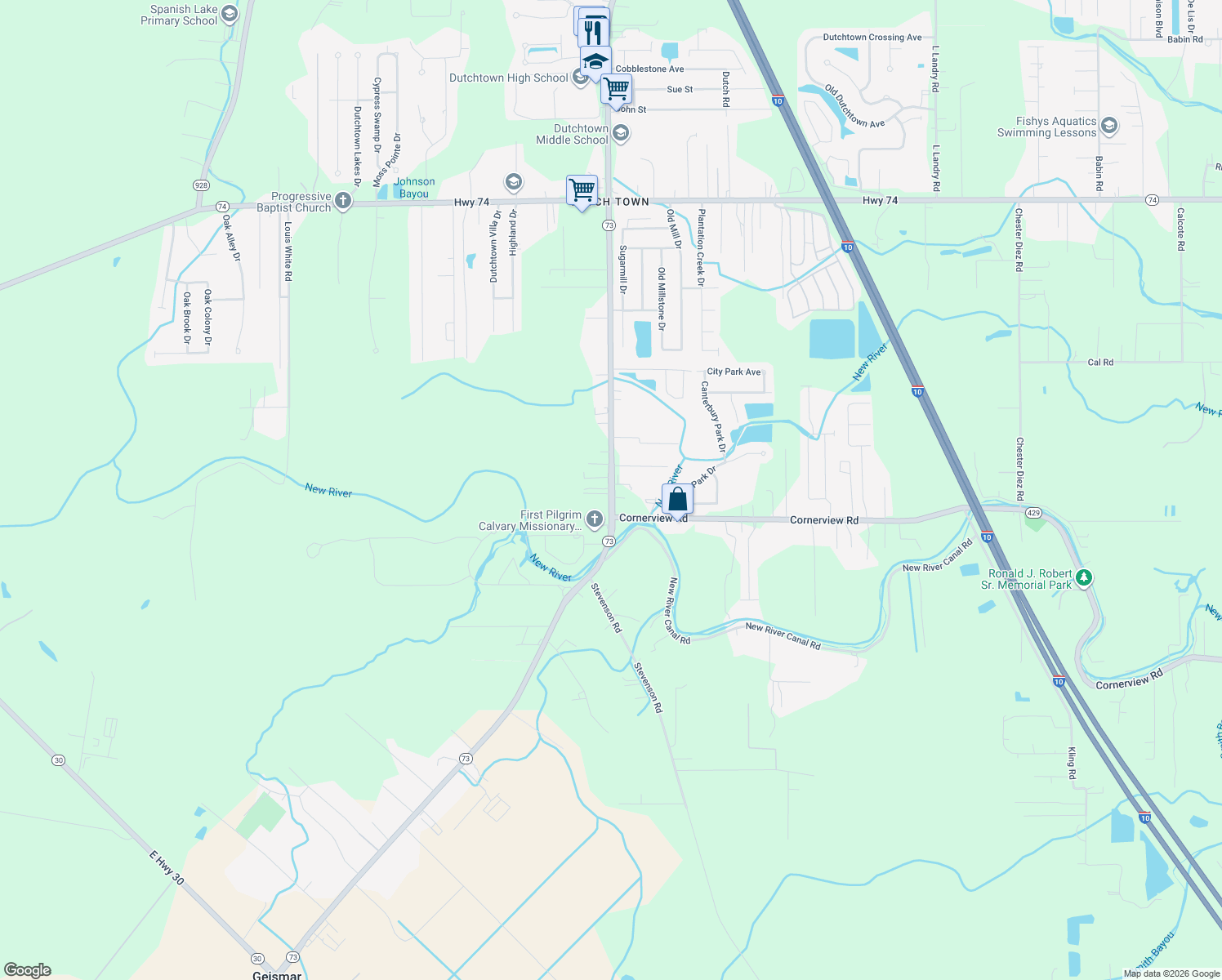 map of restaurants, bars, coffee shops, grocery stores, and more near 12051 Louisiana 73 in Geismar