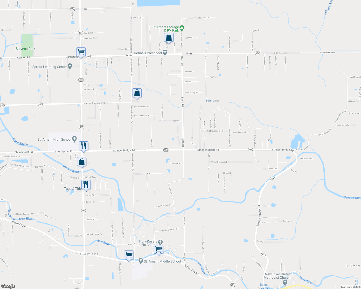 map of restaurants, bars, coffee shops, grocery stores, and more near 45482 Natalie Savoy Road in Saint Amant