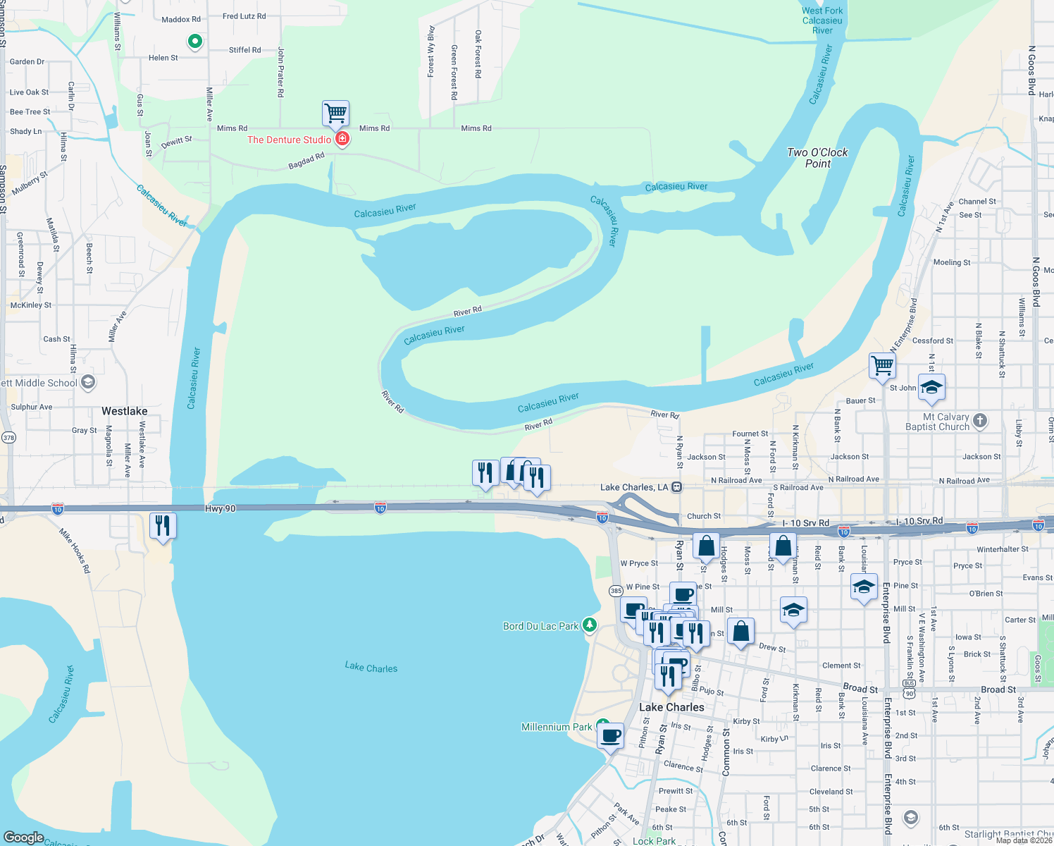map of restaurants, bars, coffee shops, grocery stores, and more near 520 River Rd in Lake Charles