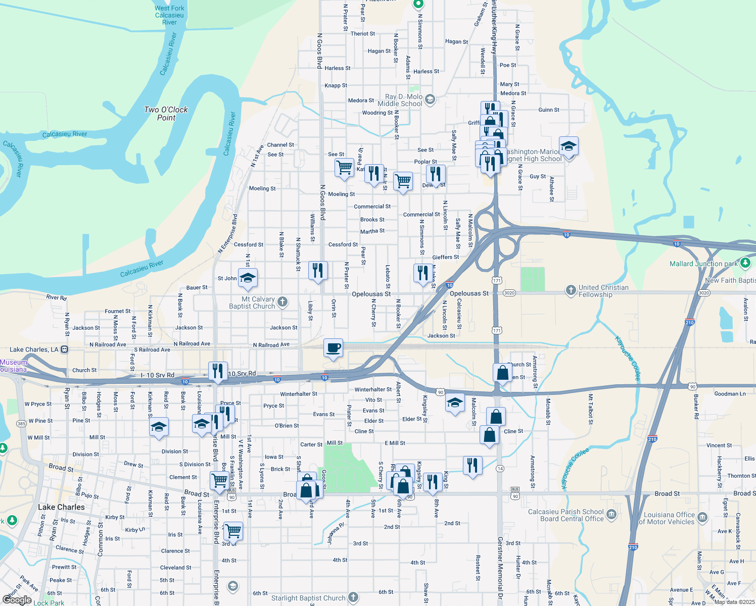 map of restaurants, bars, coffee shops, grocery stores, and more near 2107 Clarinda St in Lake Charles