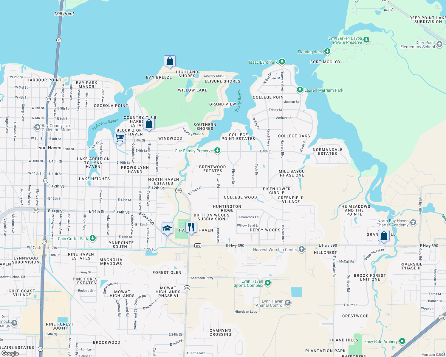 map of restaurants, bars, coffee shops, grocery stores, and more near 1103 Britton Road in Lynn Haven