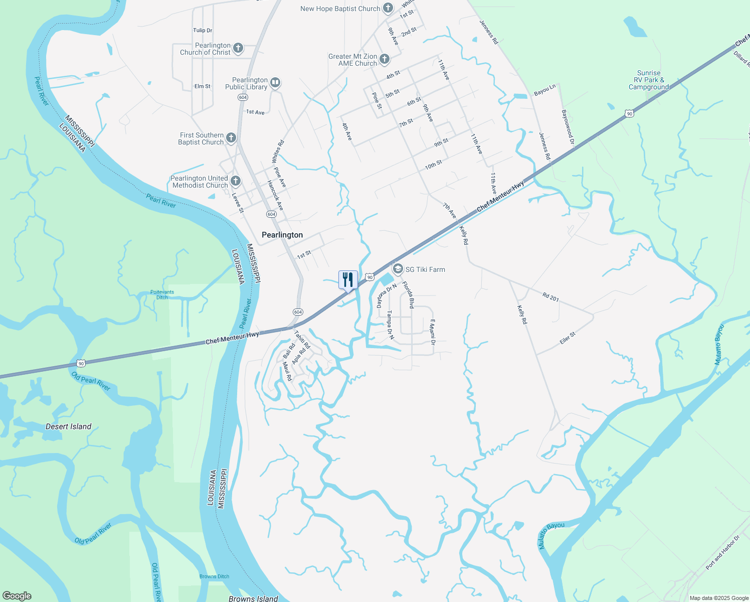 map of restaurants, bars, coffee shops, grocery stores, and more near 5051 Daytona Dr N in Pearlington