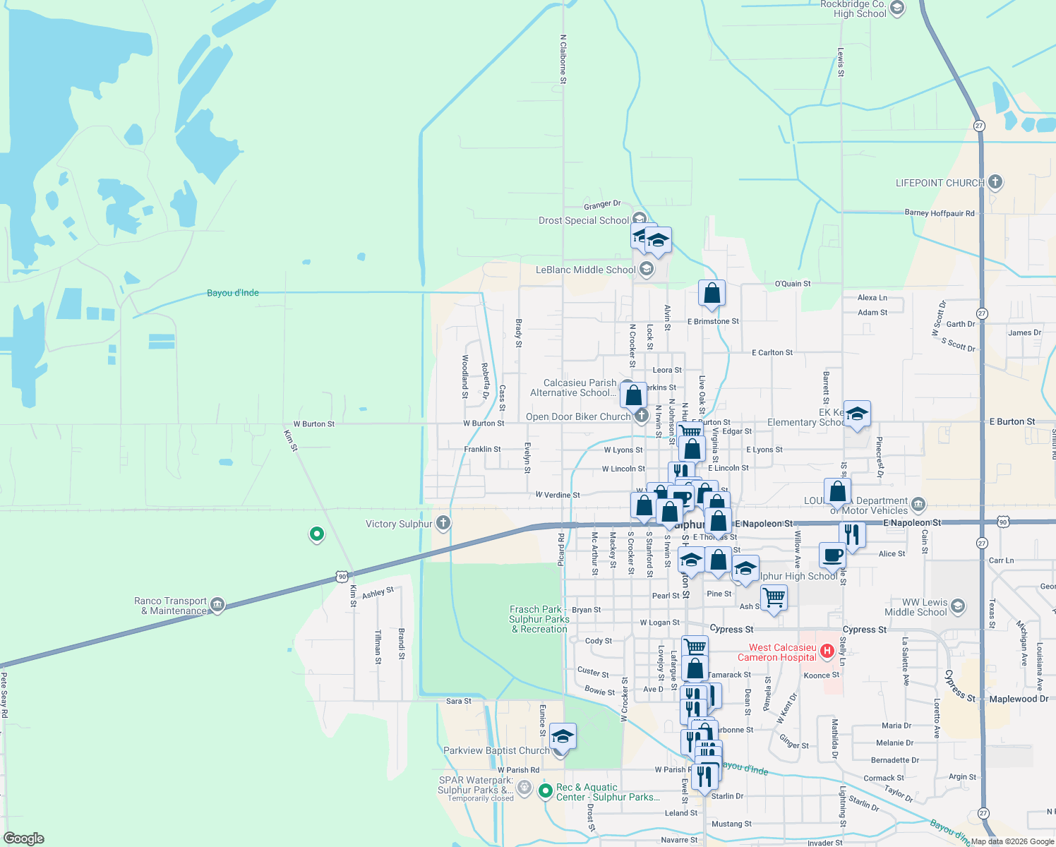 map of restaurants, bars, coffee shops, grocery stores, and more near 498 Evelyn St in Sulphur