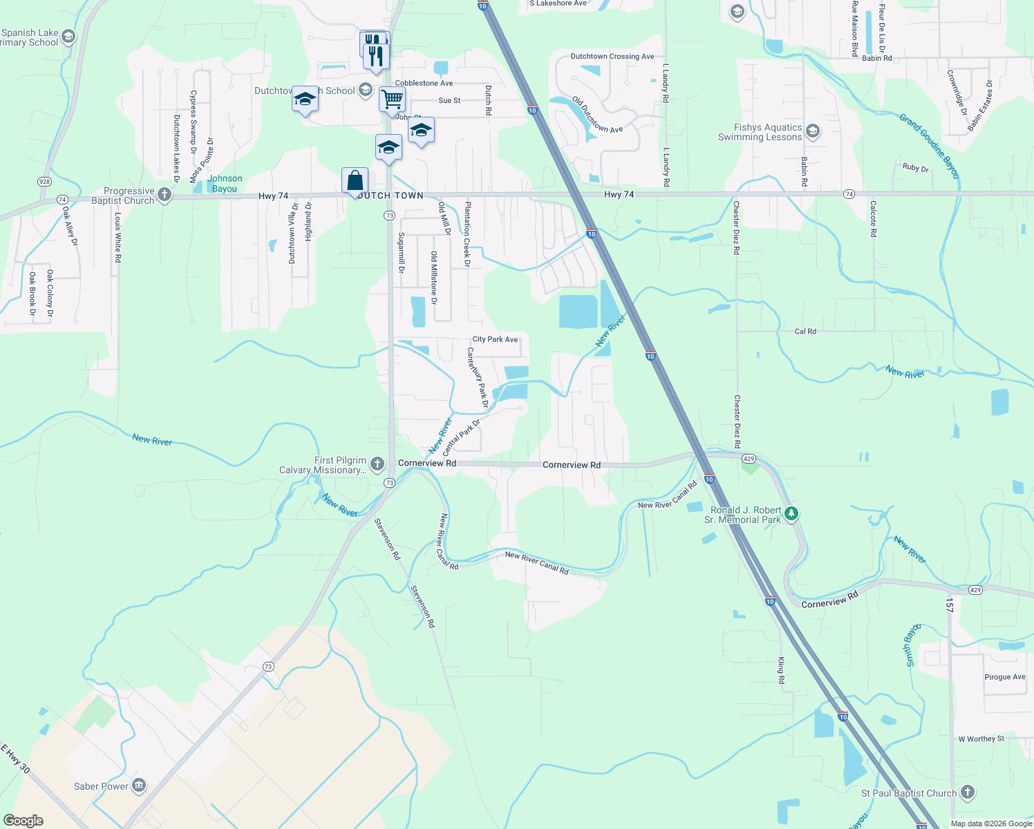 map of restaurants, bars, coffee shops, grocery stores, and more near 12192 Central Park Dr in Geismar
