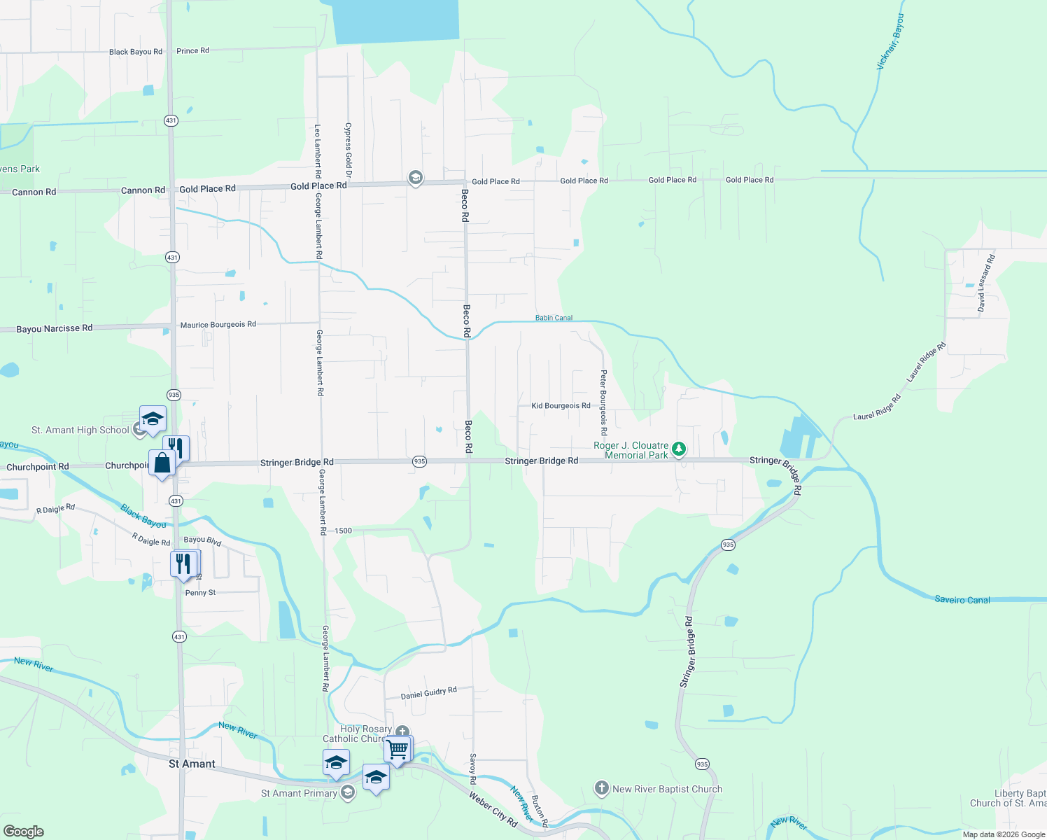 map of restaurants, bars, coffee shops, grocery stores, and more near 12078 Chester Braud Road in Saint Amant