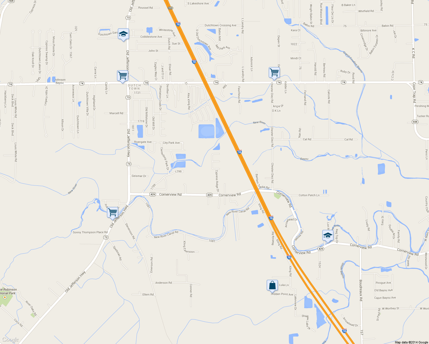 map of restaurants, bars, coffee shops, grocery stores, and more near 12105 Cypress Ridge Dr in Geismar