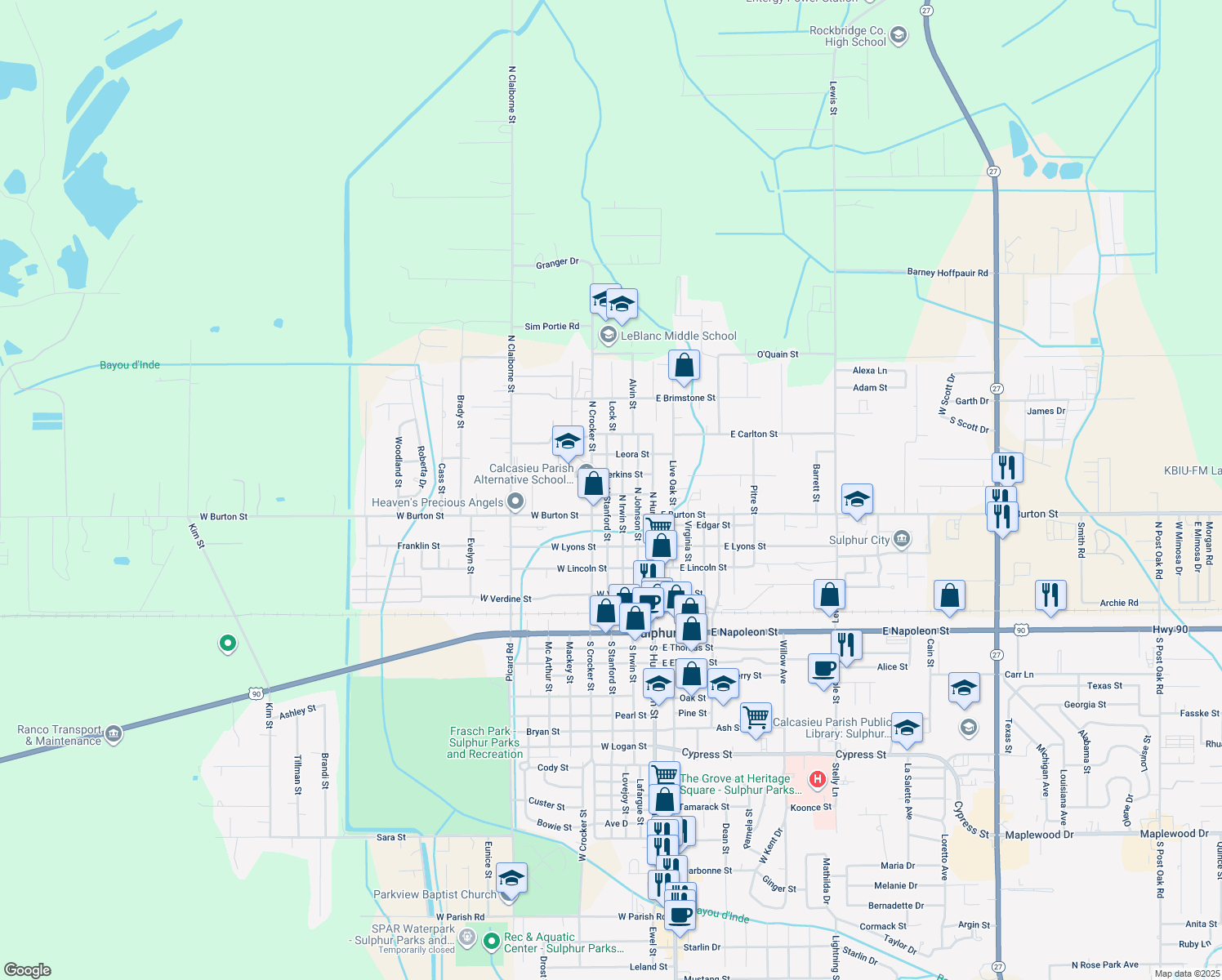map of restaurants, bars, coffee shops, grocery stores, and more near 340 Park St in Sulphur