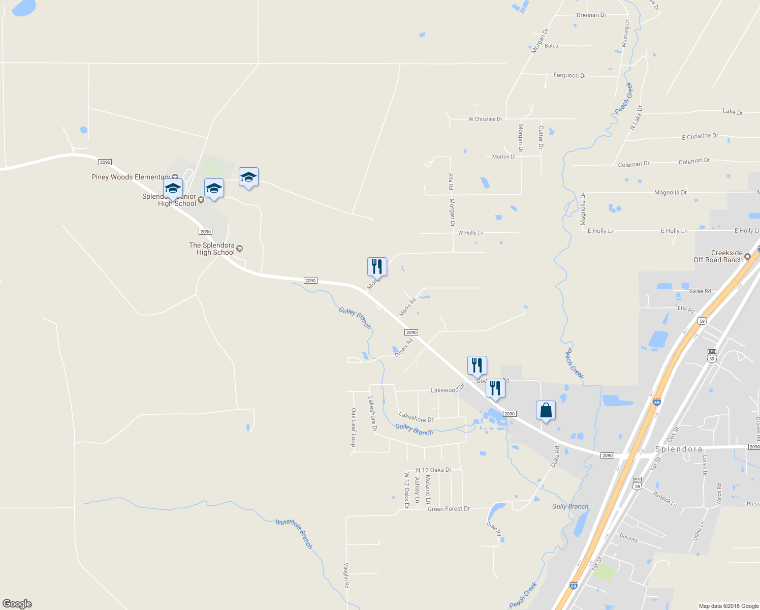 map of restaurants, bars, coffee shops, grocery stores, and more near 24480 Farm to Market Road 2090 in Splendora