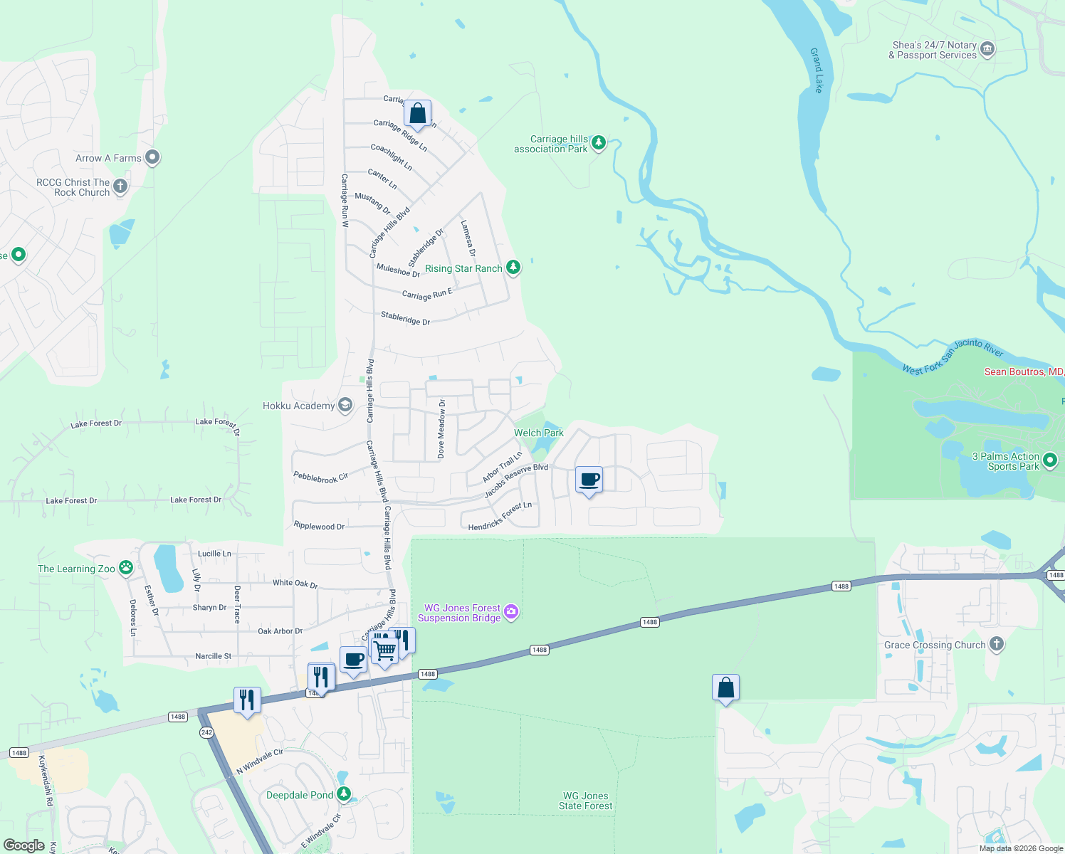 map of restaurants, bars, coffee shops, grocery stores, and more near 1001 Jacobs Lake Boulevard in Conroe