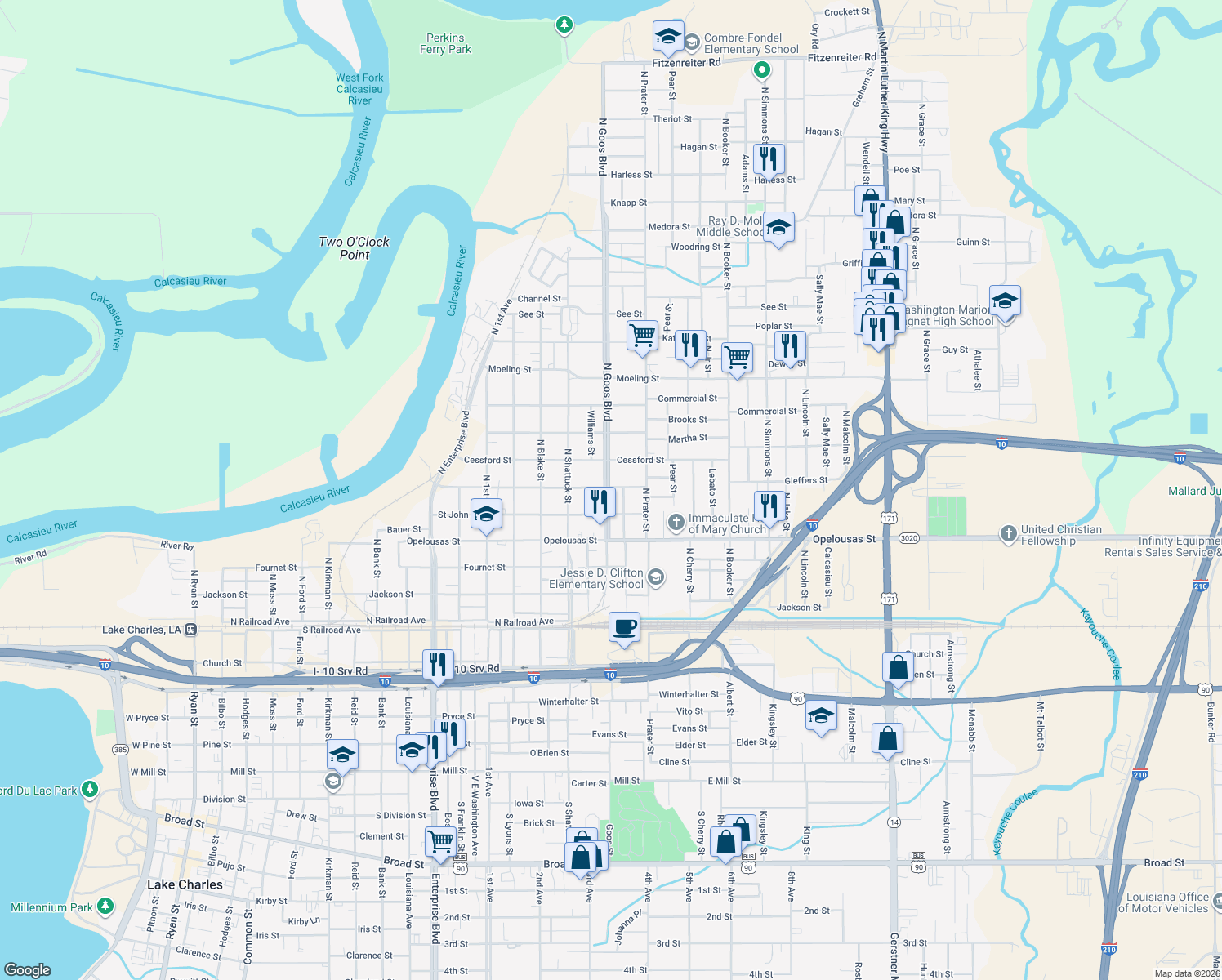 map of restaurants, bars, coffee shops, grocery stores, and more near 1804 Gieffers St in Lake Charles