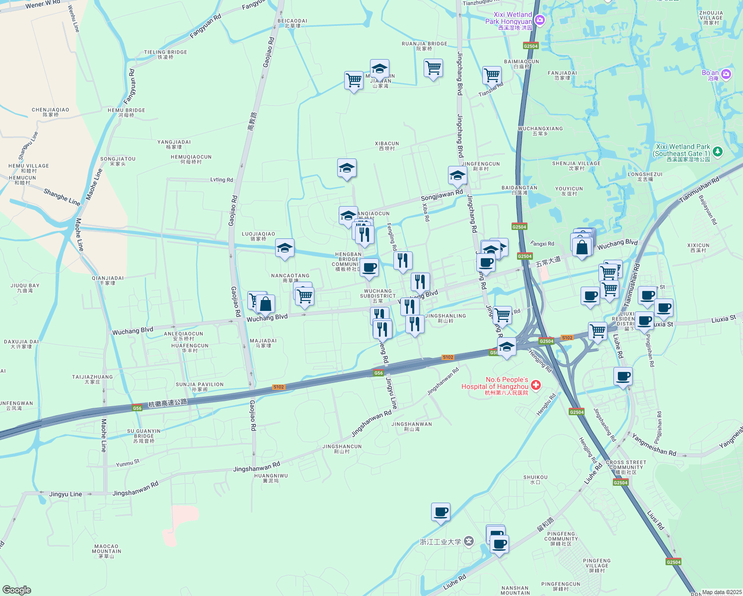 map of restaurants, bars, coffee shops, grocery stores, and more near Lian Sheng Lu in Hangzhou Shi