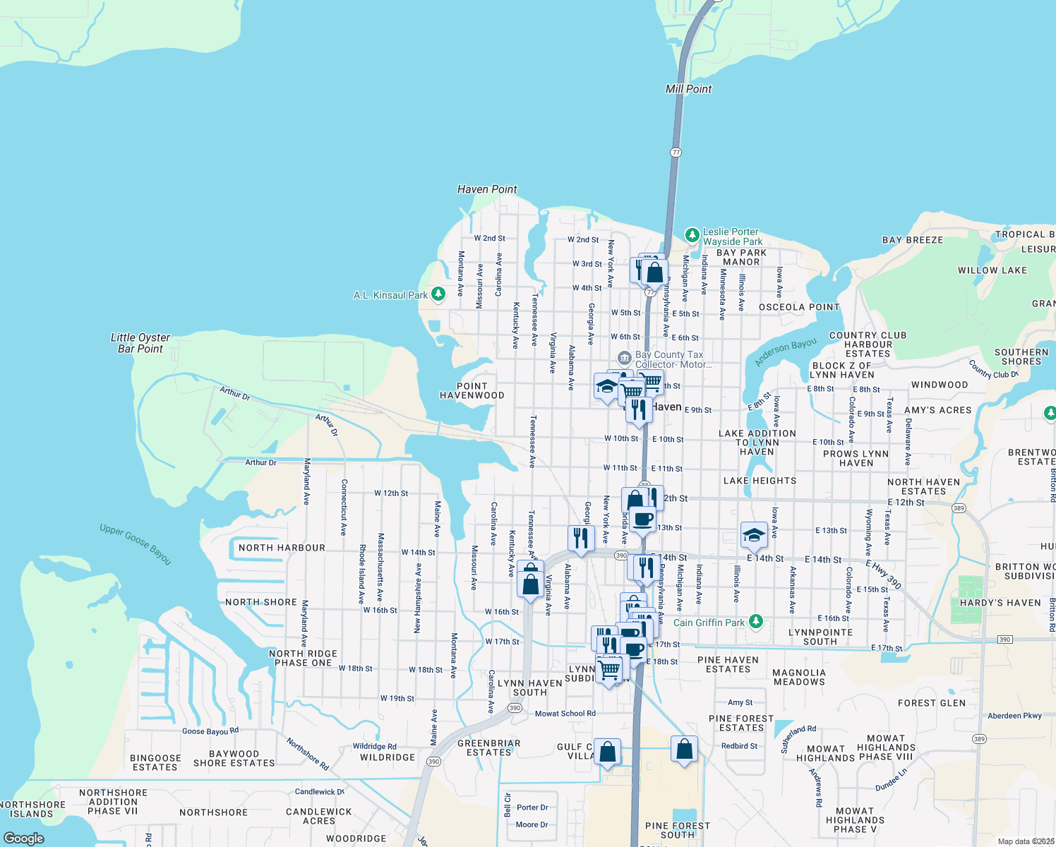 map of restaurants, bars, coffee shops, grocery stores, and more near 912 Tennessee Avenue in Lynn Haven