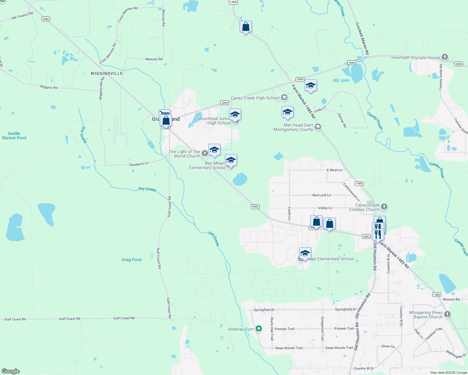 map of restaurants, bars, coffee shops, grocery stores, and more near 16492 Farm to Market Road 3083 in Conroe