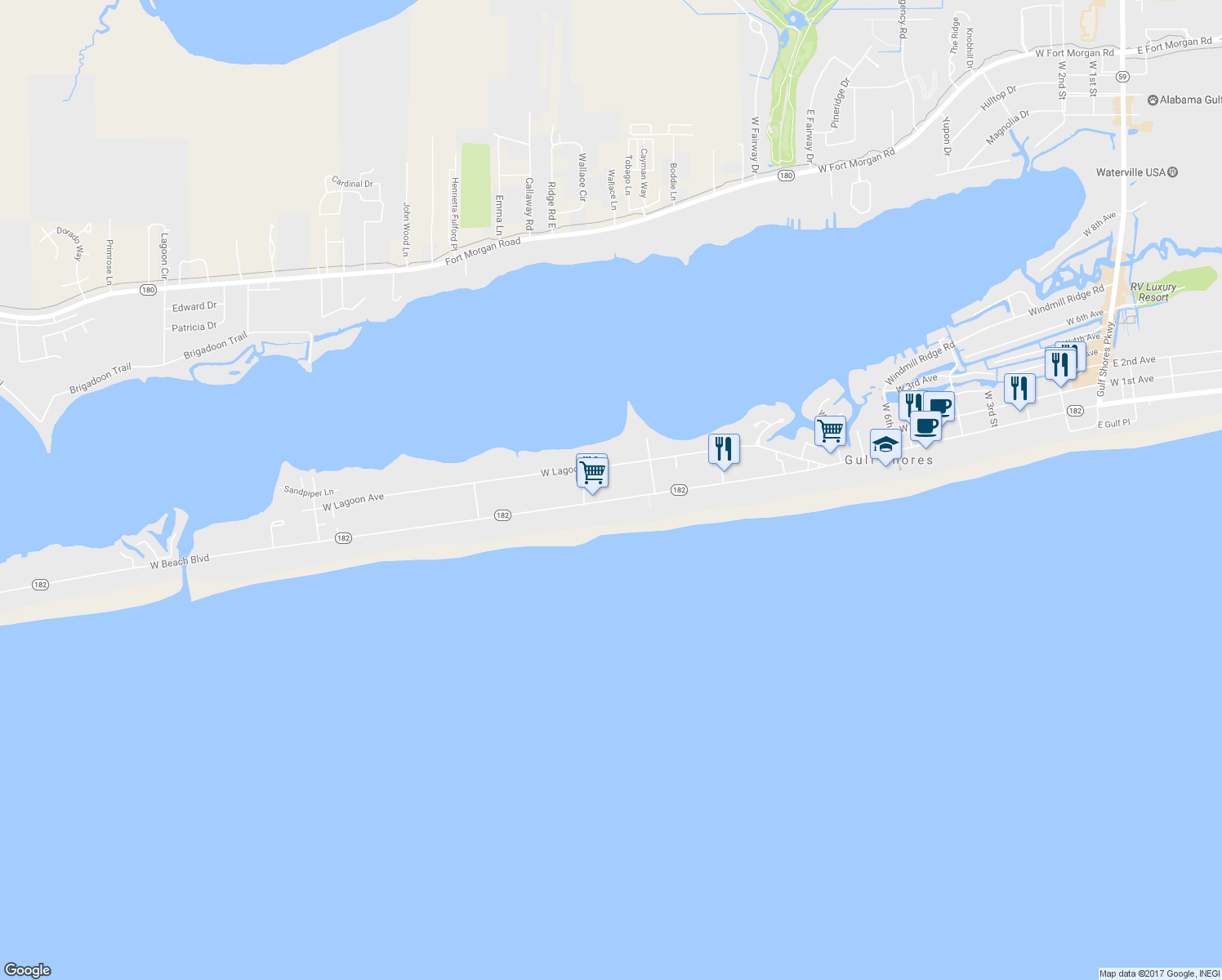 map of restaurants, bars, coffee shops, grocery stores, and more near 1138 West Beach Boulevard in Gulf Shores