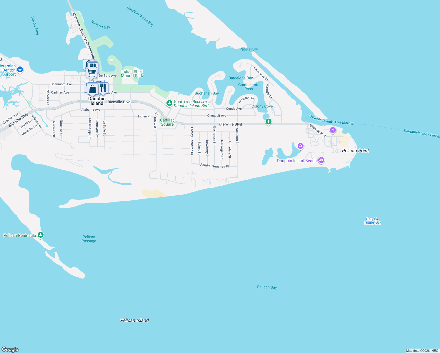 map of restaurants, bars, coffee shops, grocery stores, and more near 324 Audubon Place in Dauphin Island