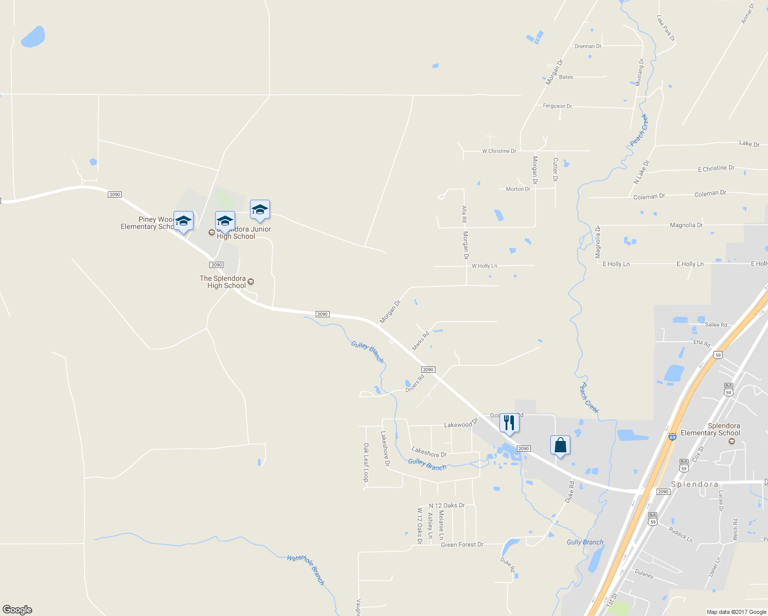 map of restaurants, bars, coffee shops, grocery stores, and more near 14320 Morgan Drive in Splendora