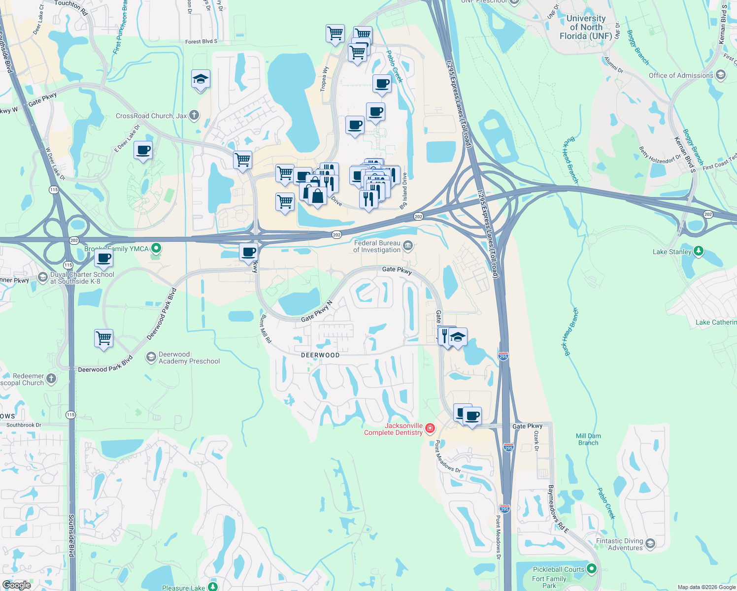 map of restaurants, bars, coffee shops, grocery stores, and more near 11118 Fallgate Point Court in Jacksonville