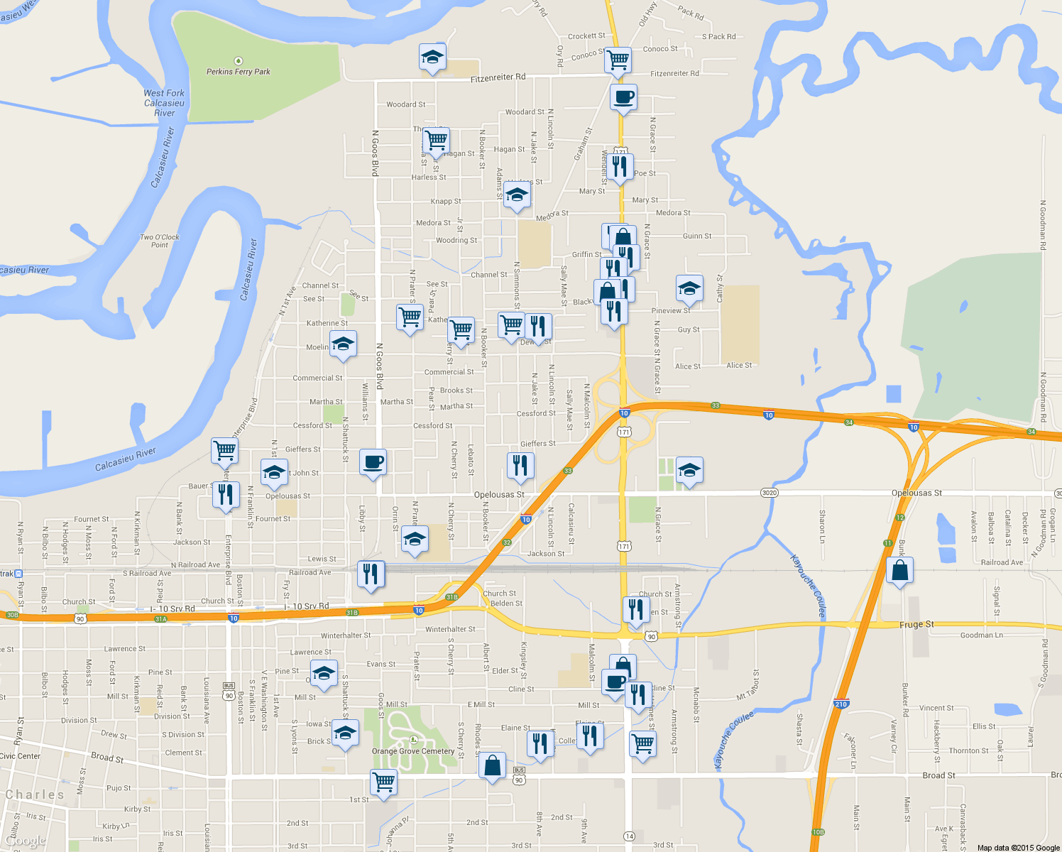 map of restaurants, bars, coffee shops, grocery stores, and more near 621 Jake St in Lake Charles