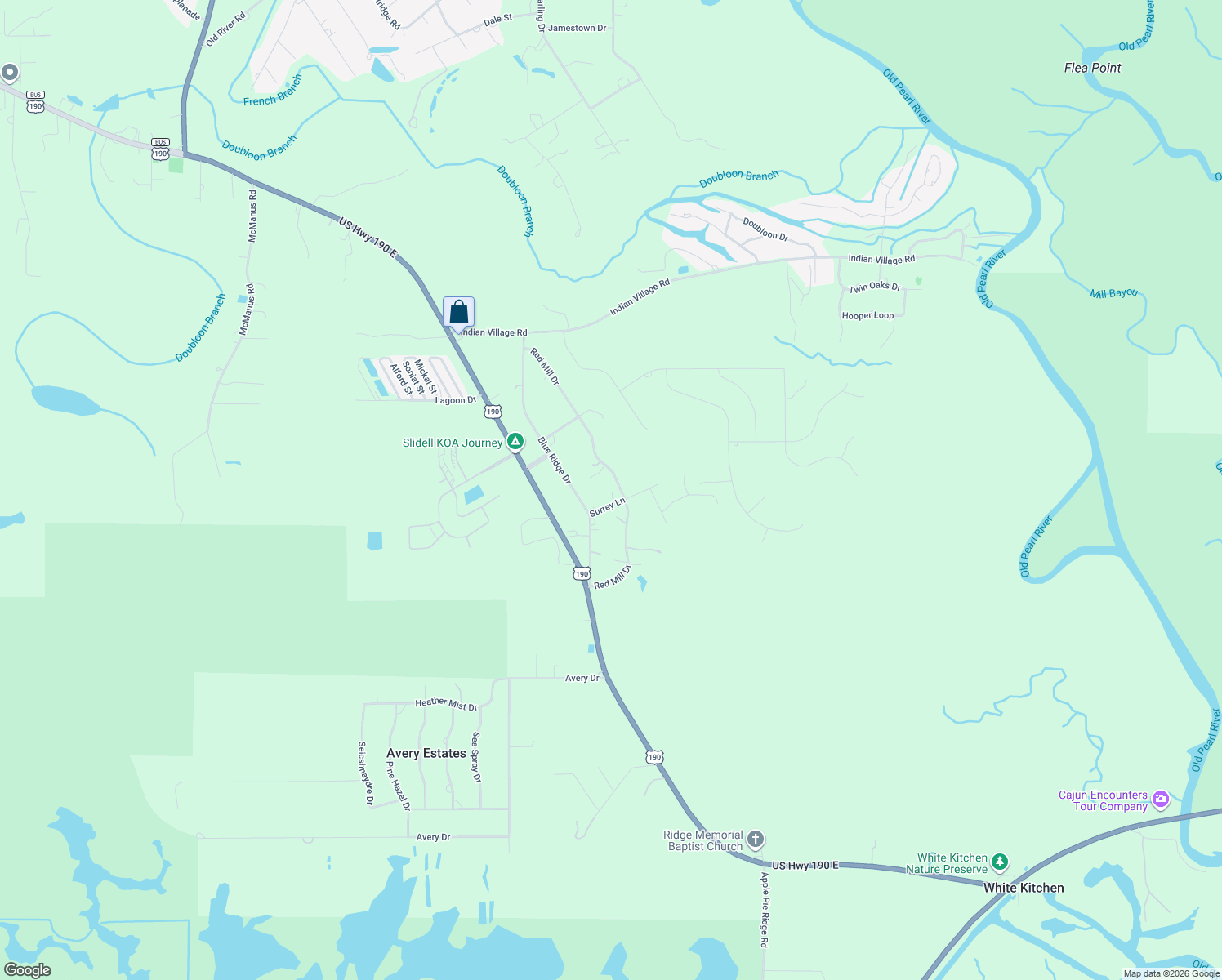 map of restaurants, bars, coffee shops, grocery stores, and more near 42101 Surrey Lane in Slidell