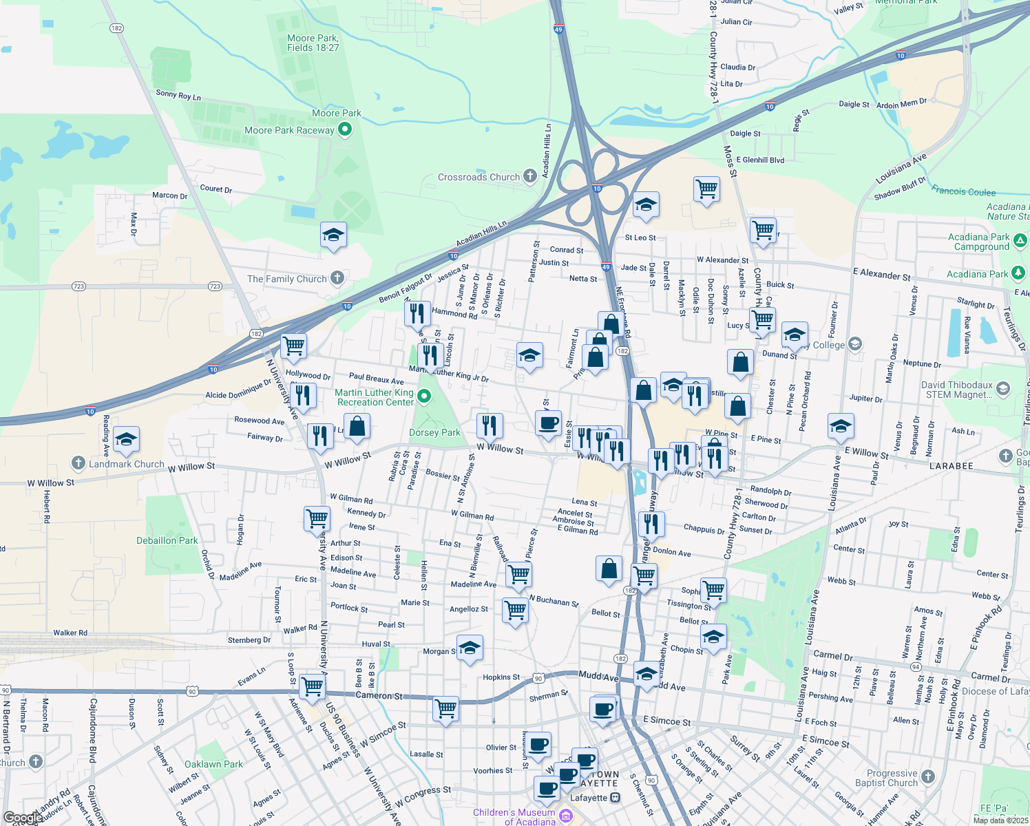 map of restaurants, bars, coffee shops, grocery stores, and more near 315 Patterson Street in Lafayette