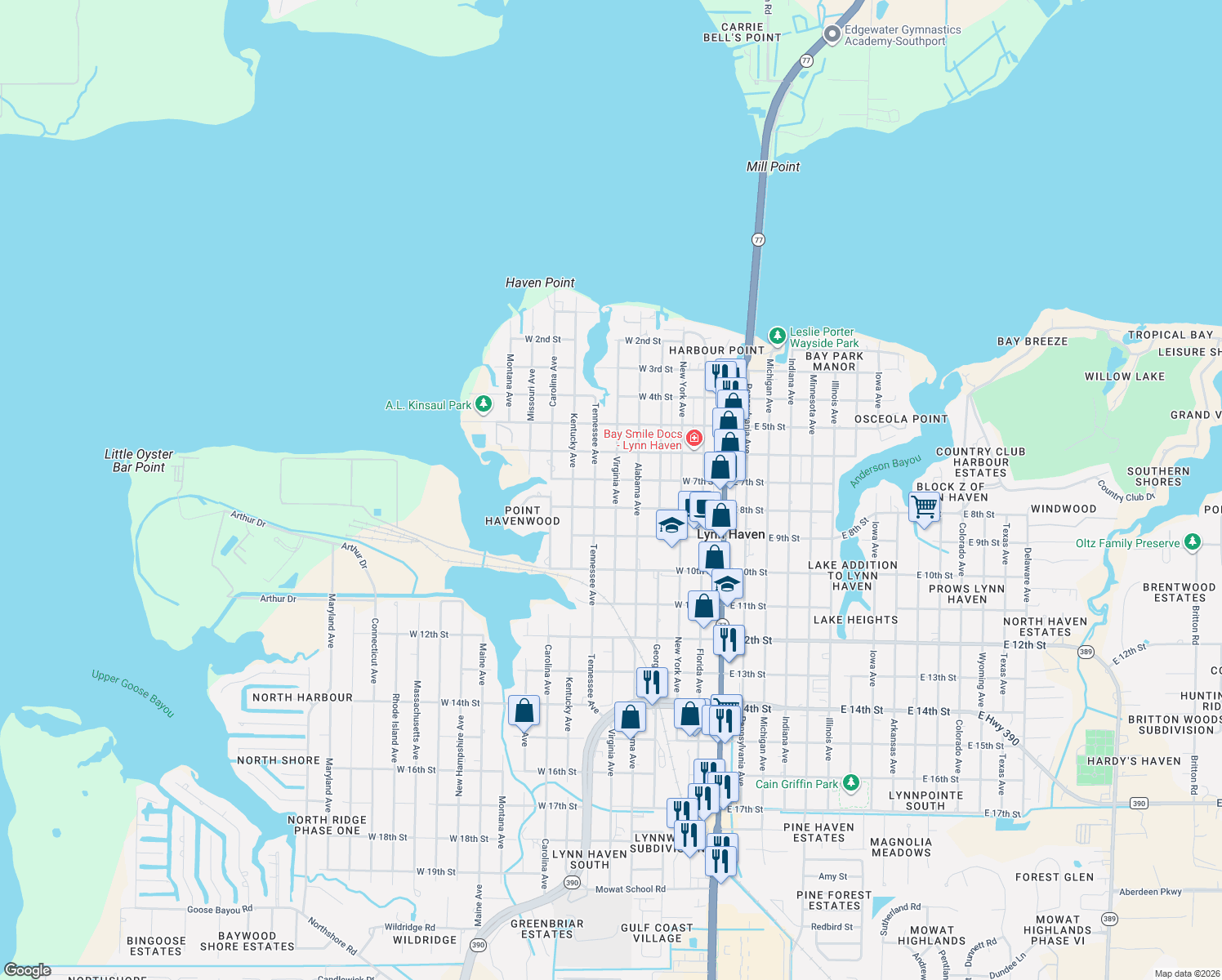 map of restaurants, bars, coffee shops, grocery stores, and more near 706 Virginia Avenue in Lynn Haven
