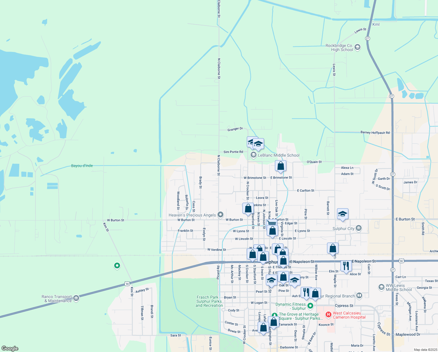map of restaurants, bars, coffee shops, grocery stores, and more near 899 W Brimstone St in Sulphur
