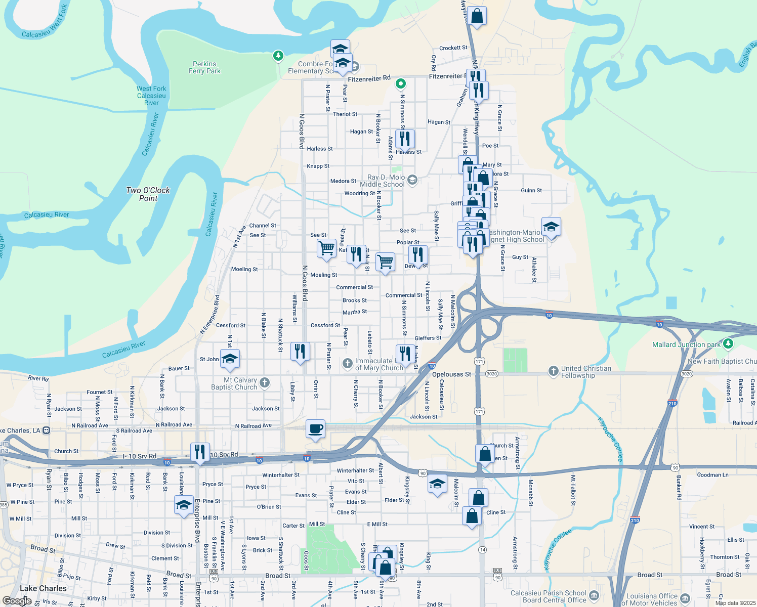 map of restaurants, bars, coffee shops, grocery stores, and more near 829 Booker St in Lake Charles
