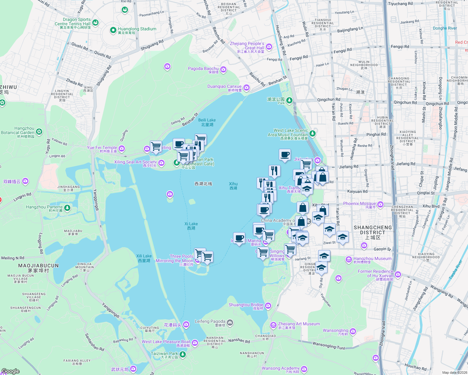map of restaurants, bars, coffee shops, grocery stores, and more near in Hangzhou