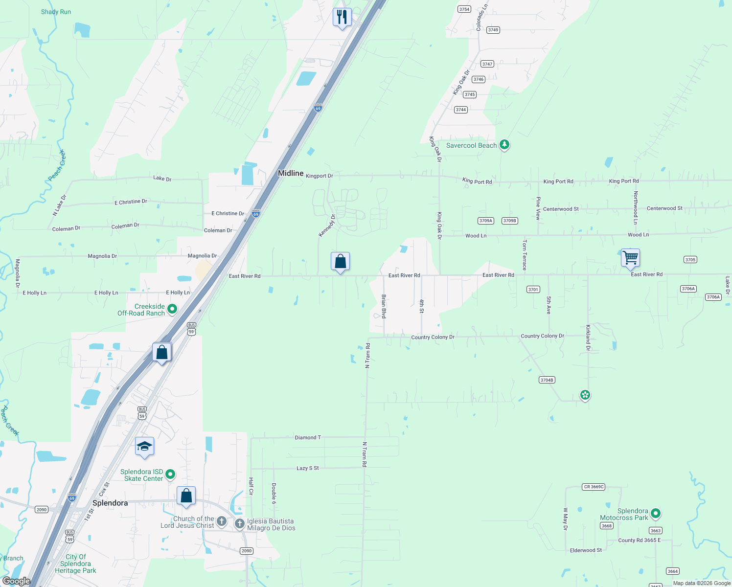 map of restaurants, bars, coffee shops, grocery stores, and more near 27244 East River Road in Splendora